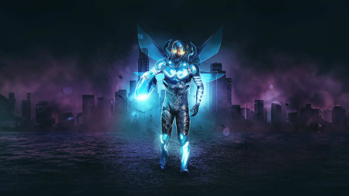 Download wallpaper 1366x768 power of blue beetle, movie scene, tablet ...