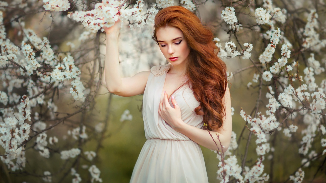 Download wallpaper 1366x768 blossom, white flowers, girl model, red ...