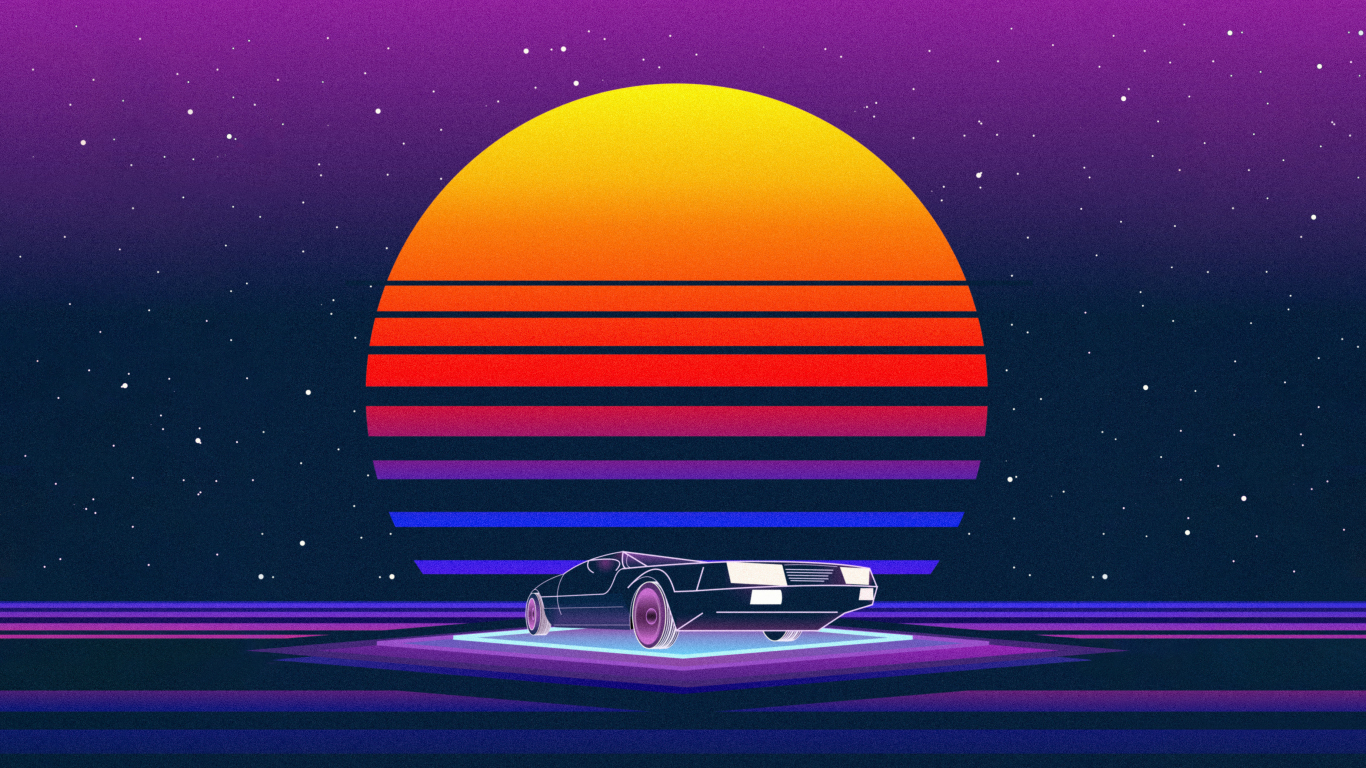 Download wallpaper 1366x768 retrowave, moon and car, art, tablet