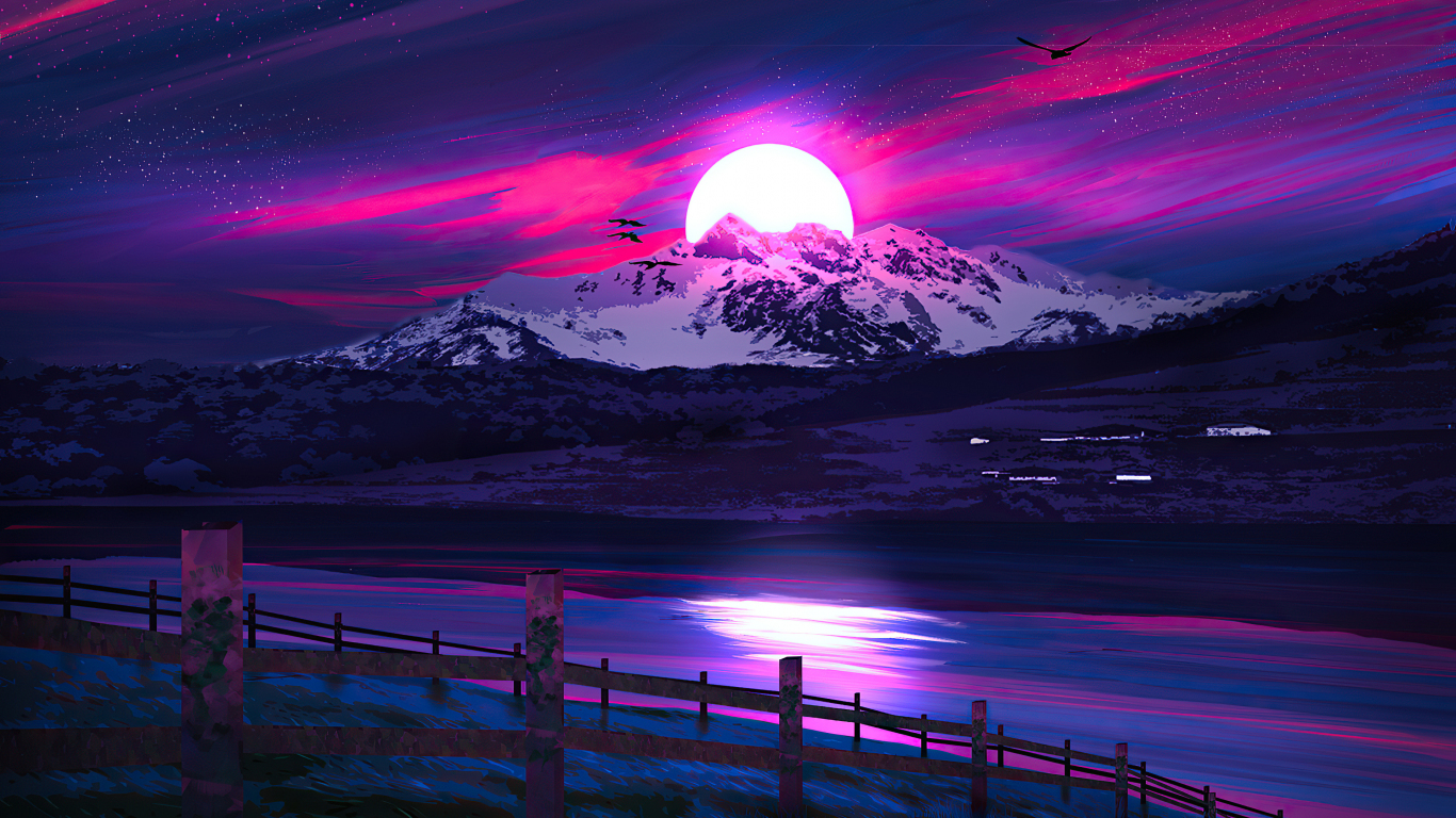 Download wallpaper 1366x768 lake, woonden fence, mountains, landscape,  sunset, neon art, tablet, laptop, 1366x768 hd background, 25502