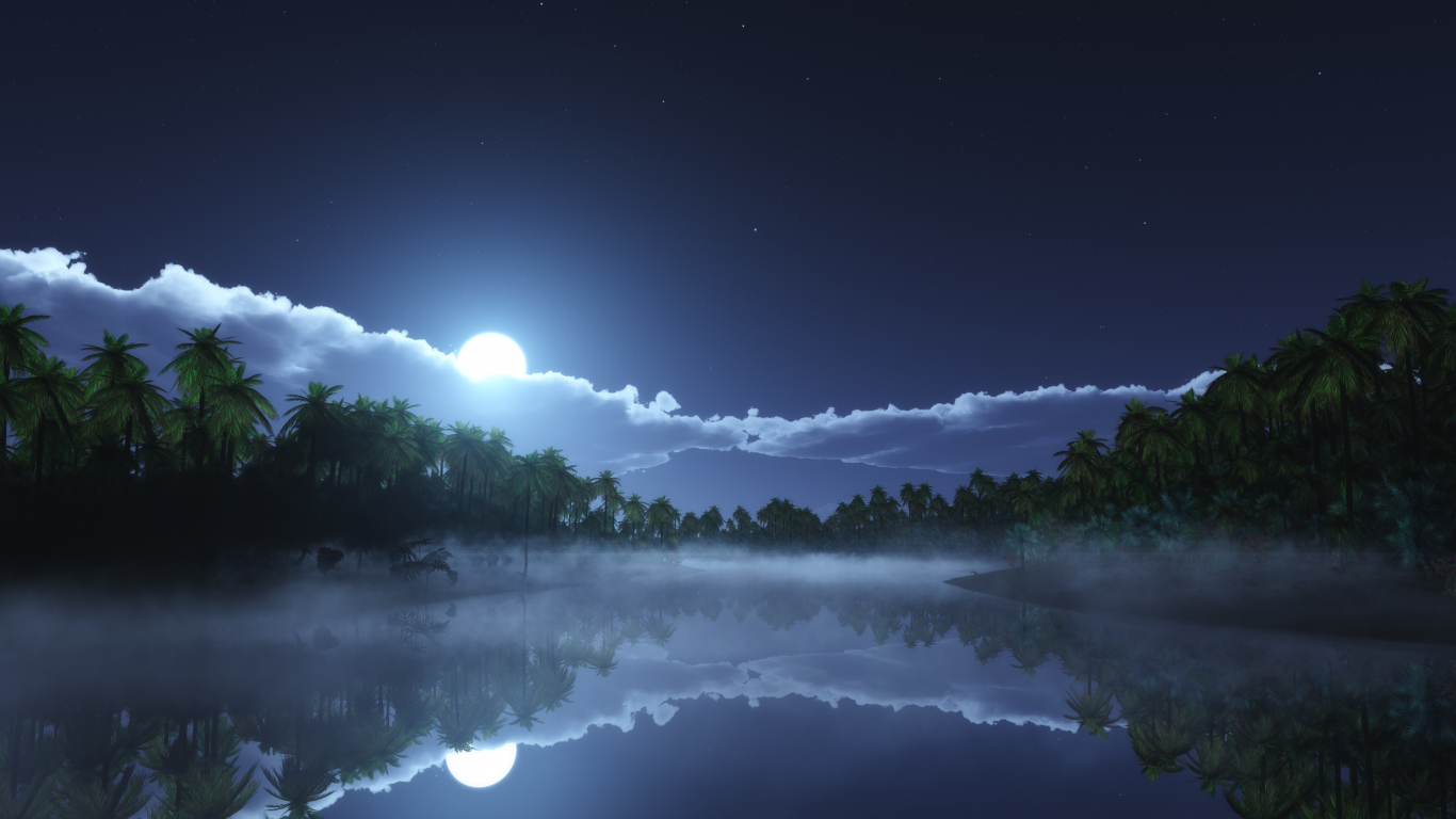 Download wallpaper 1366x768 full moon, reflection, cold night, tropical ...