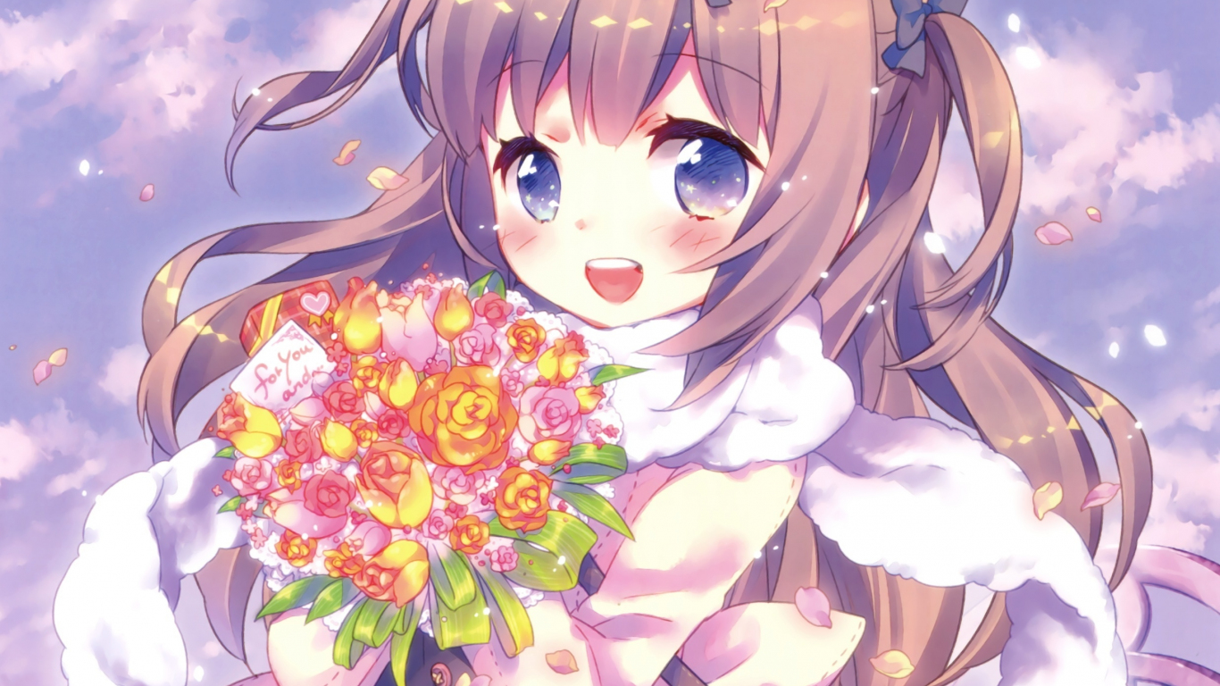 Download wallpaper 1366x768 anime girl, cute, flowers, bouquet, tablet,  laptop, 1366x768 hd background, 3874