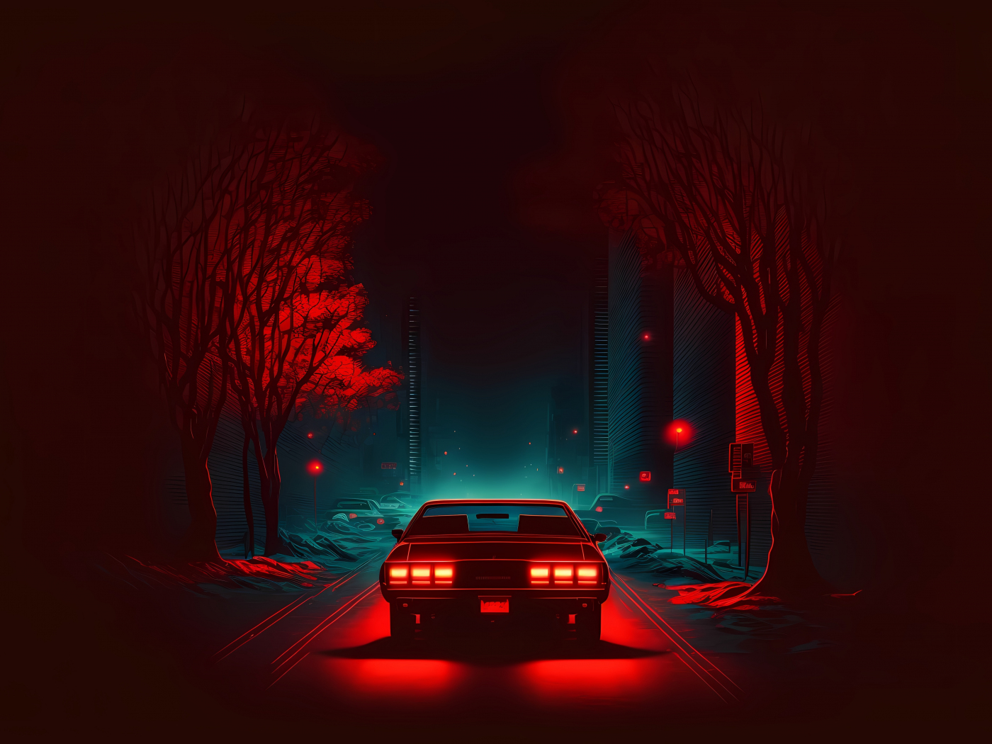 Red car on road, dark and minimal, digital art, 1400x1050 wallpaper