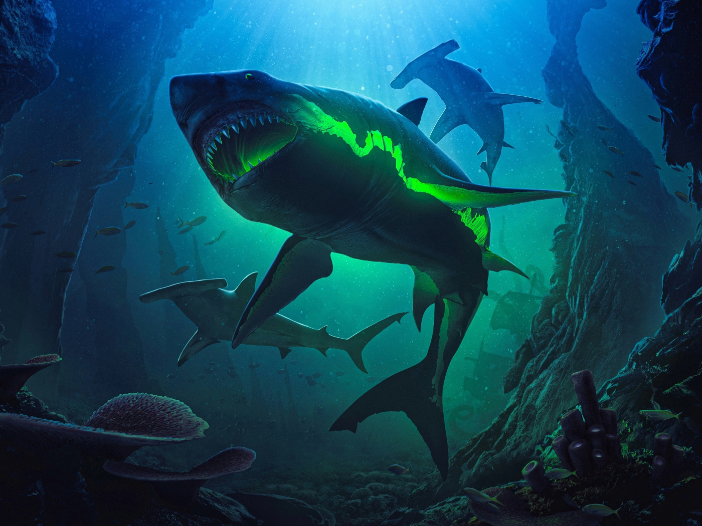 Zombie sharks, underwtaer, 1400x1050 wallpaper