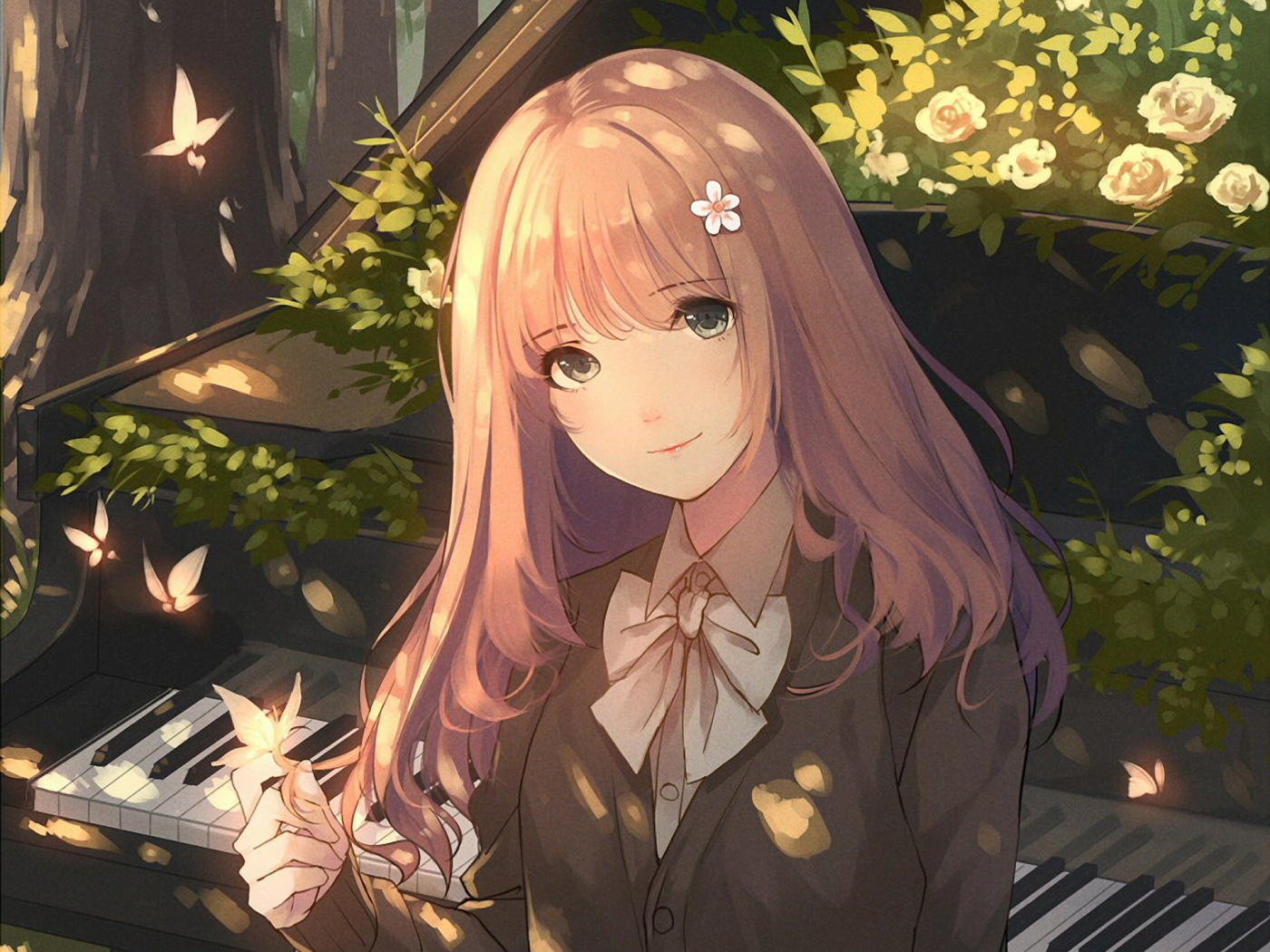 Download wallpaper 1400x1050 piano, original, anime girl, beautiful,  standard 4:3 fullscreen 1400x1050 hd background, 5070