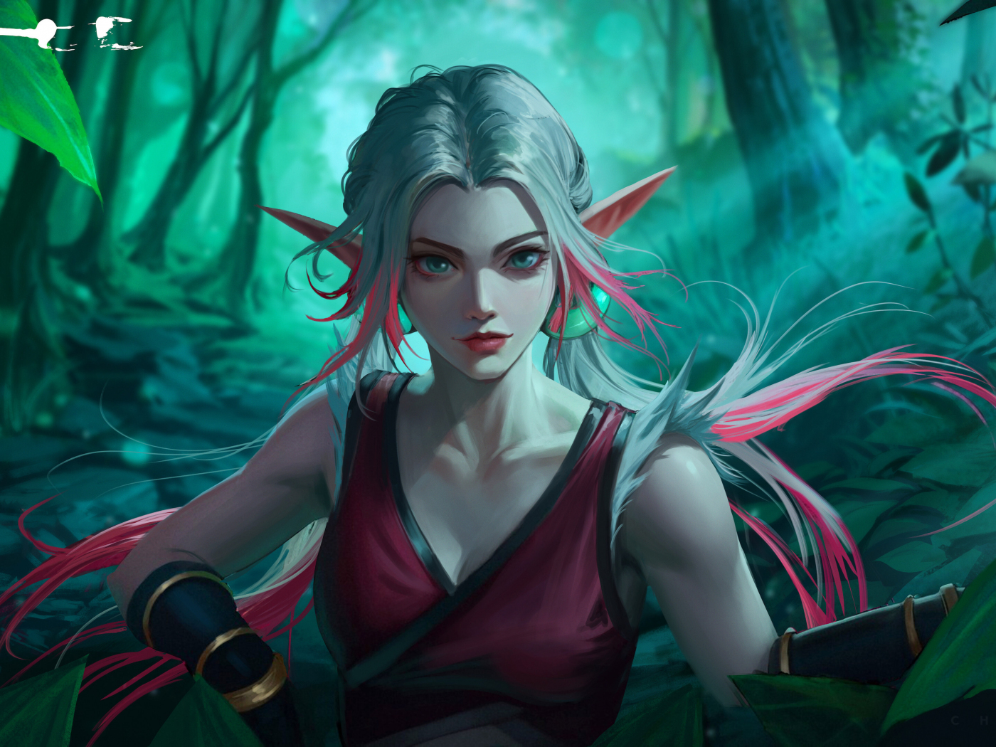 Beautiful elf girl, white-pink hair, fantasy, 1400x1050 wallpaper