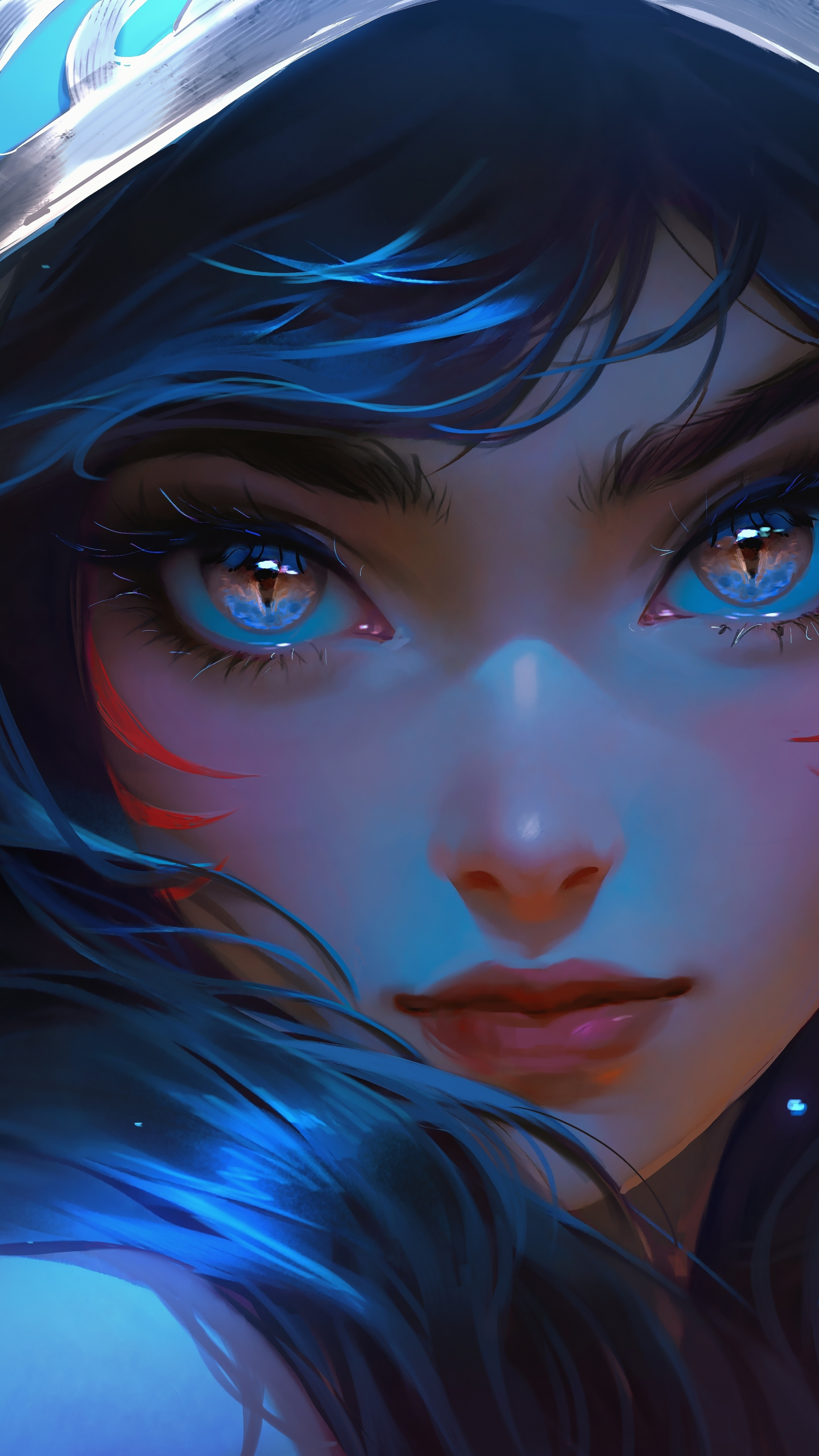 Glowing eyes of cute girl, in hood, 2023, 1440x2560 wallpaper