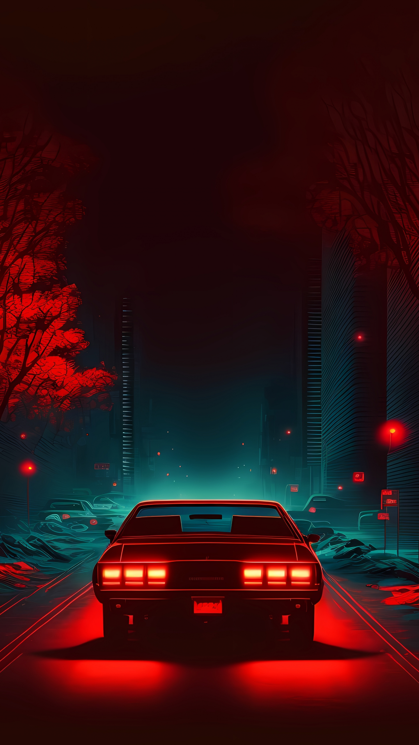 Red car on road, dark and minimal, digital art, 1440x2560 wallpaper