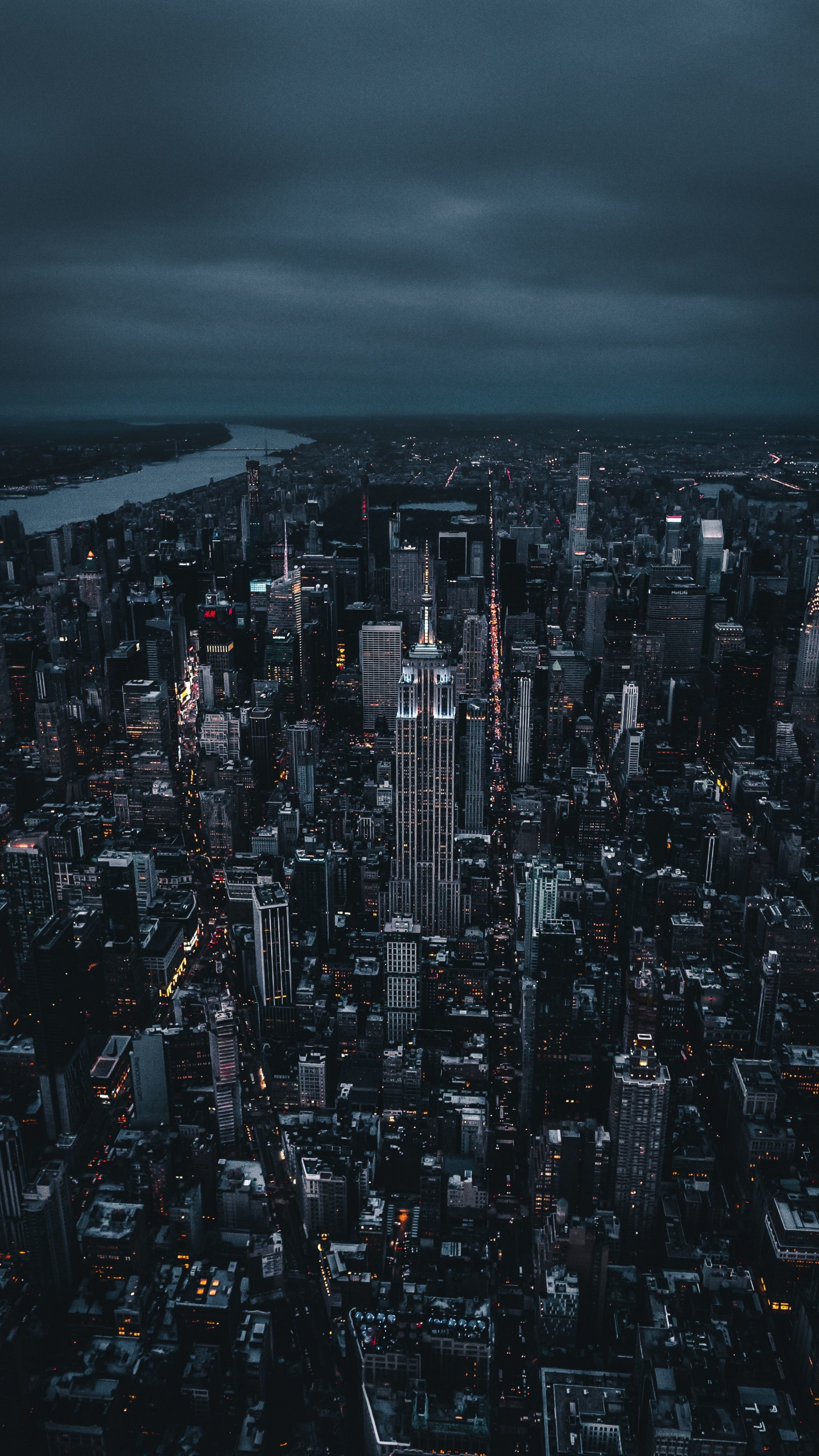 Download new york, dark, night, city, aerial view 1440x2560 wallpaper