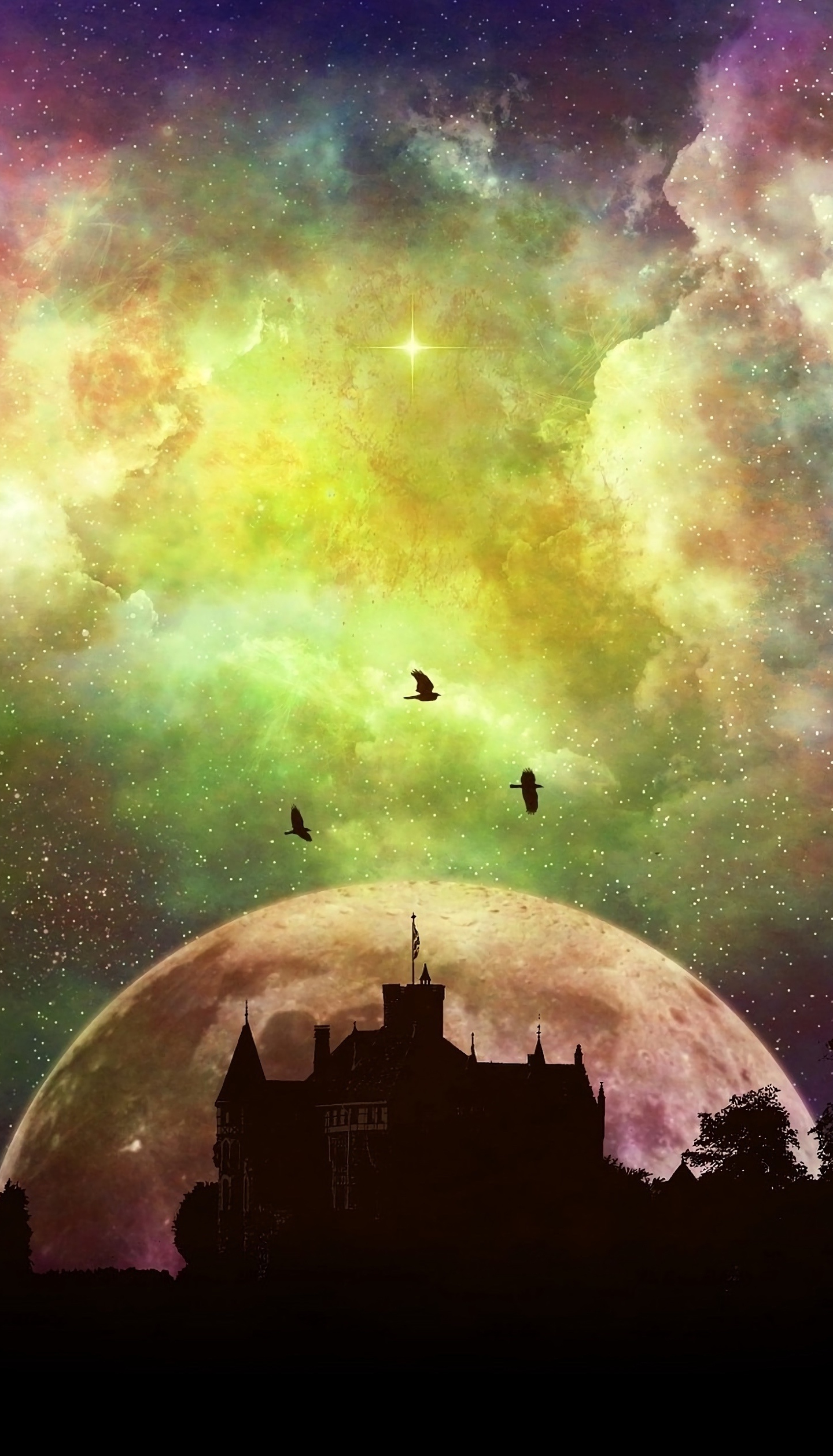 Download wallpaper 1440x2630 castle, moon, mystical, colorful sky, fantasy,  samsung galaxy note 8, 1440x2630 hd background, 8172