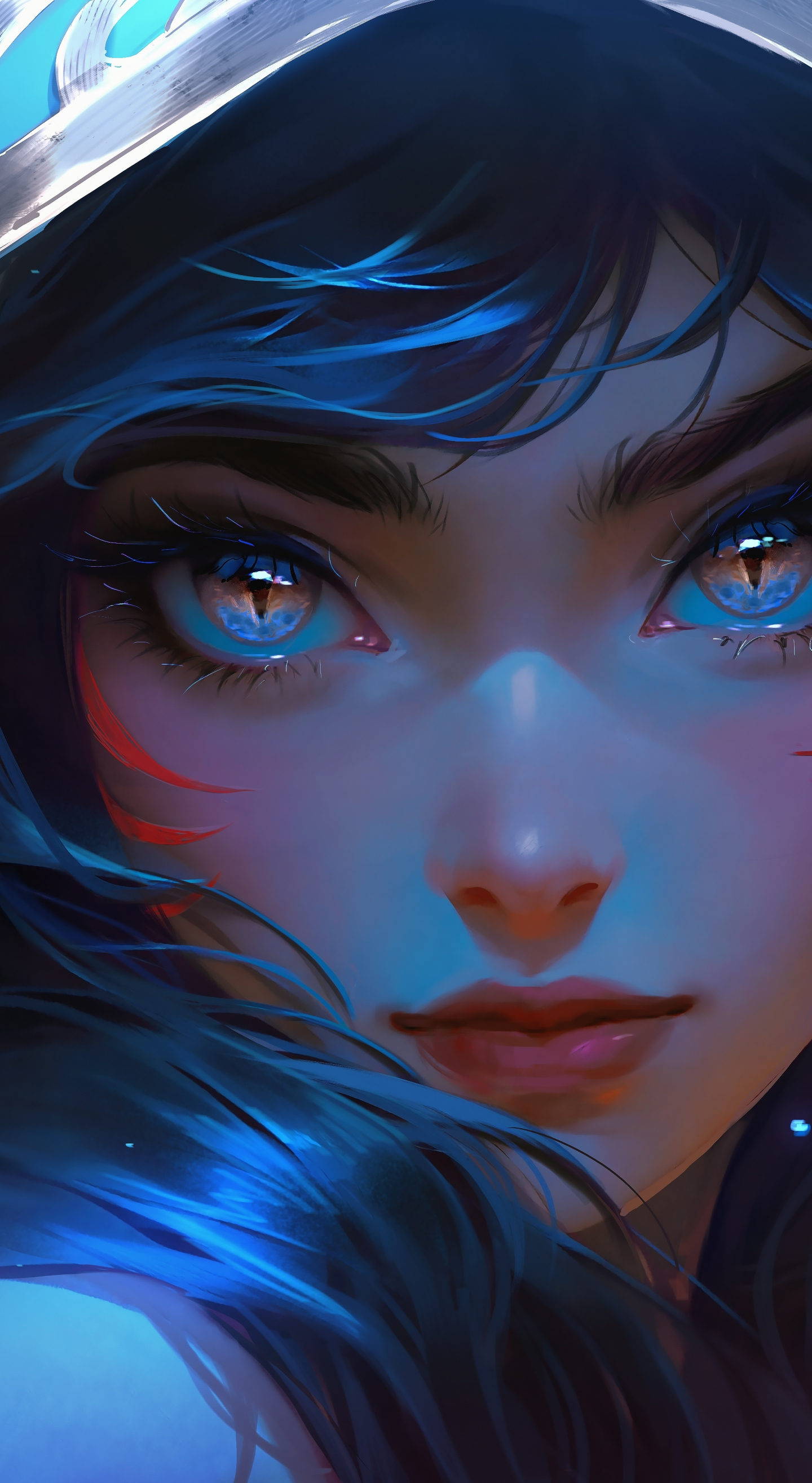 Glowing eyes of cute girl, in hood, 2023, 1440x2630 wallpaper