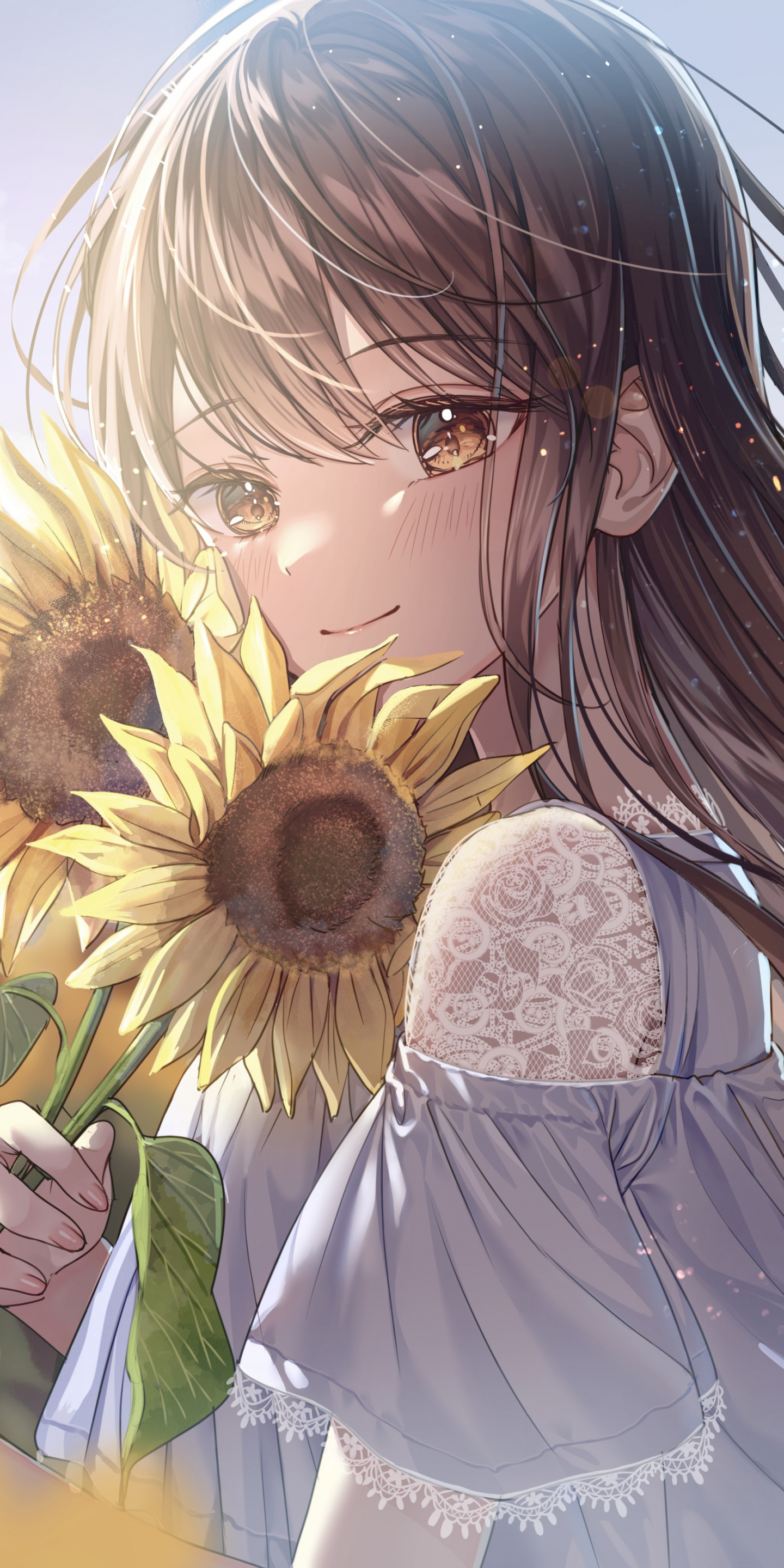 Sunflower and cute girl, anime, 1440x2880 wallpaper