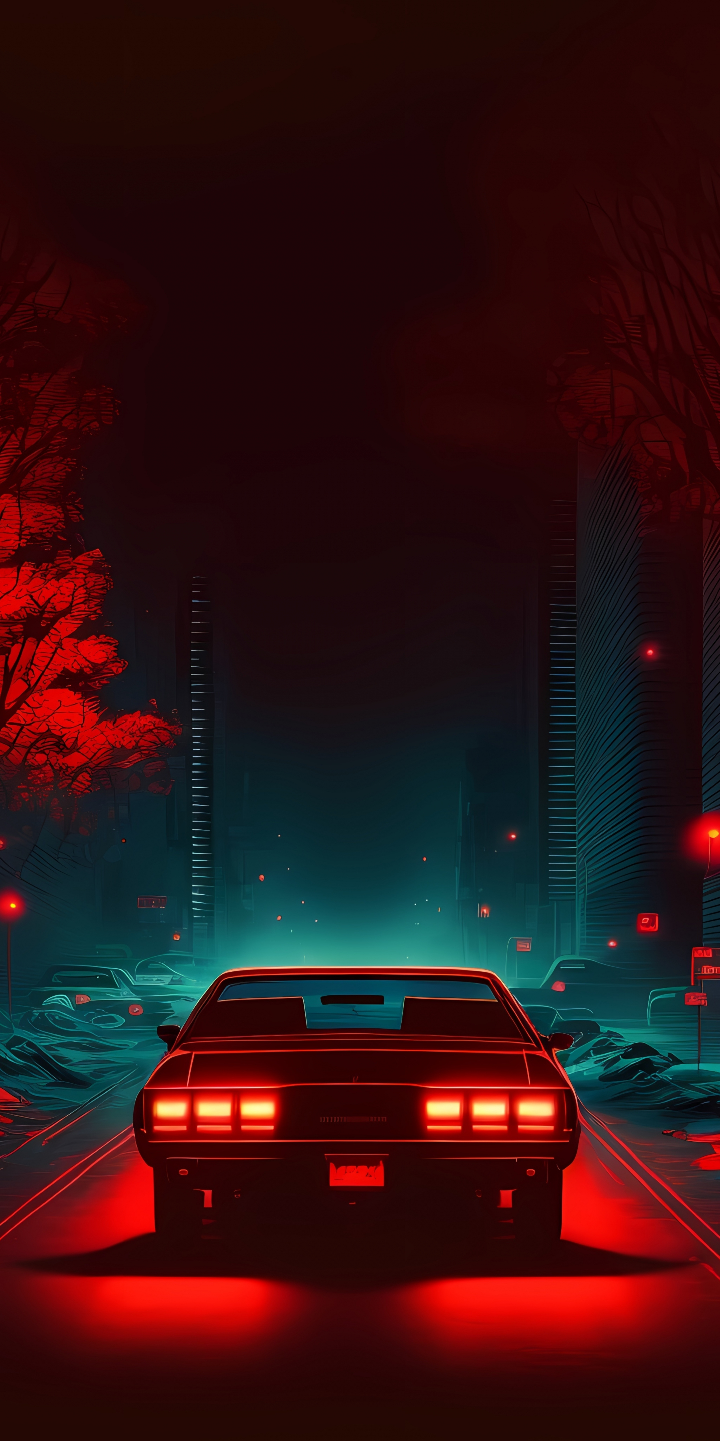Red car on road, dark and minimal, digital art, 1440x2880 wallpaper