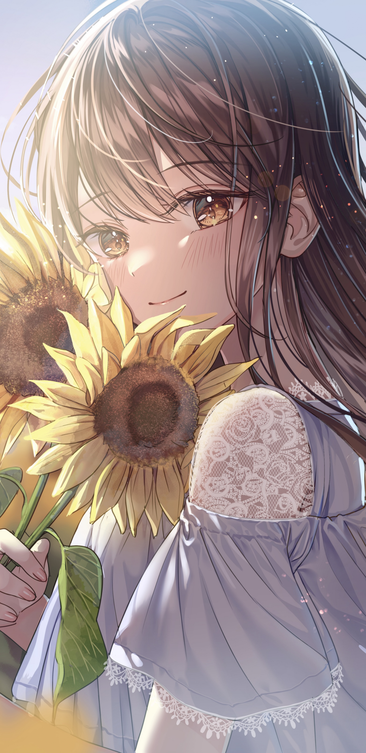 Sunflower and cute girl, anime, 1440x2960 wallpaper