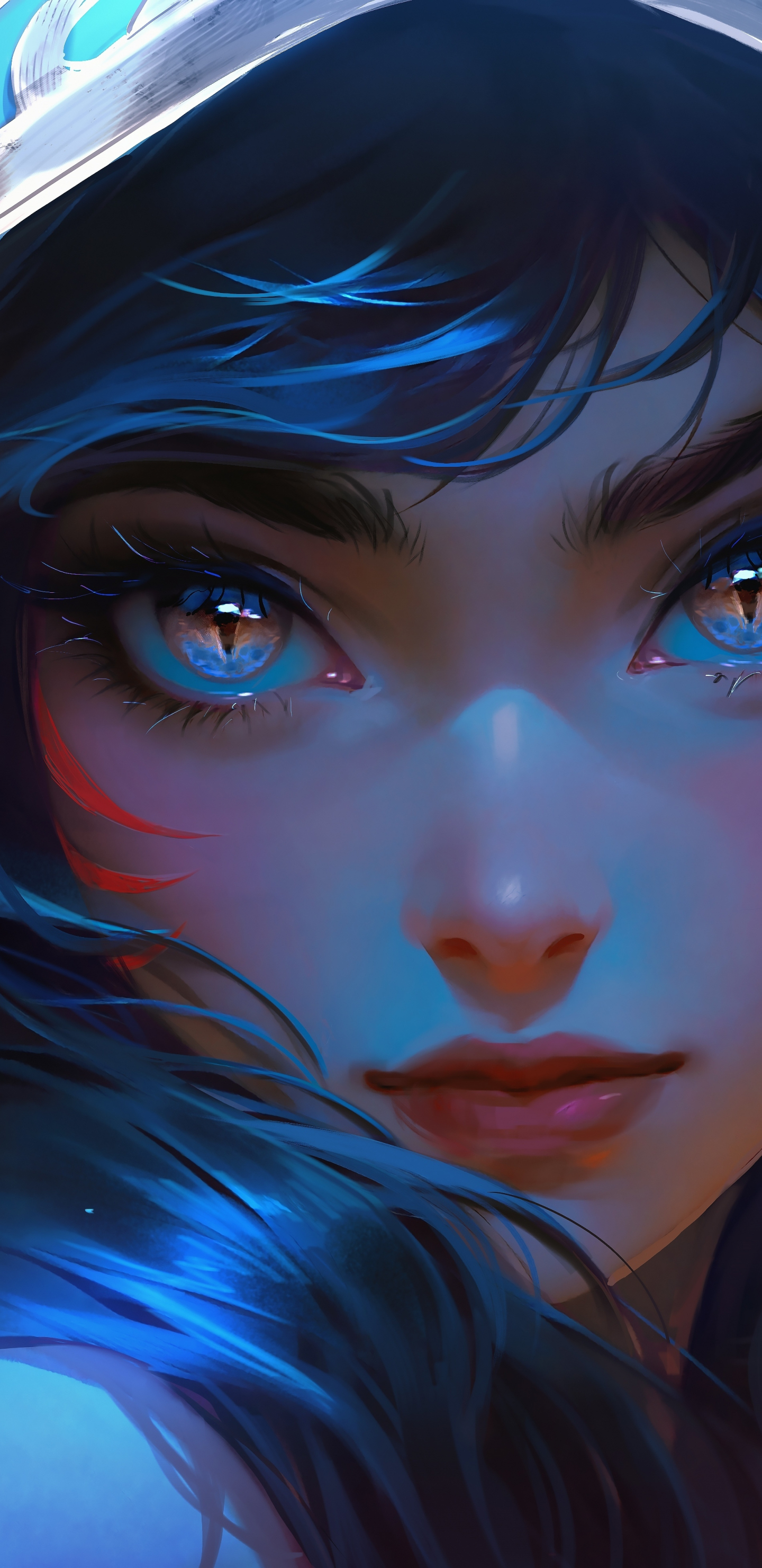 Glowing eyes of cute girl, in hood, 2023, 1440x2960 wallpaper