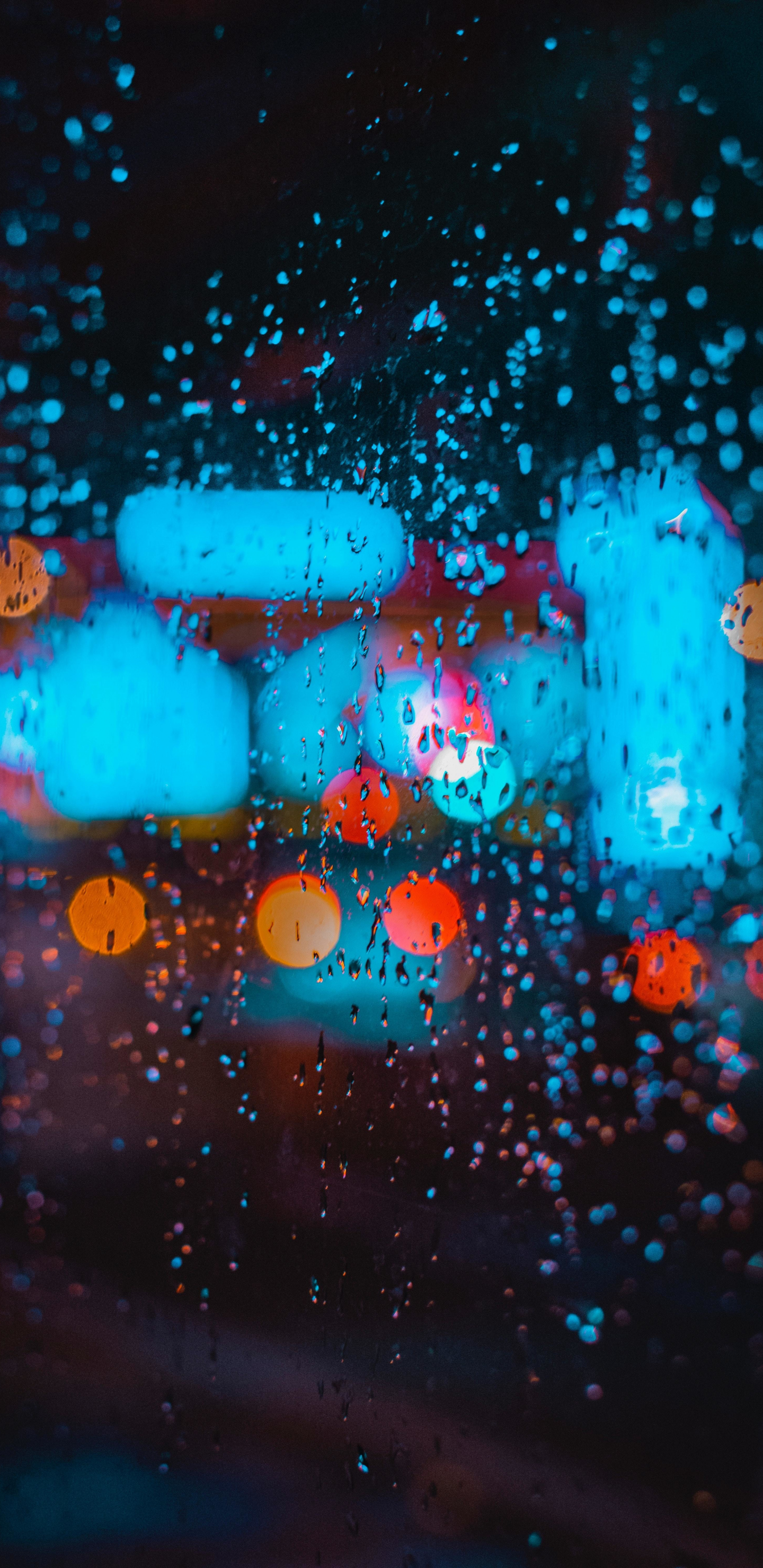 Bokeh, colorful, rain, drops, glass surface, 1440x2960 wallpaper