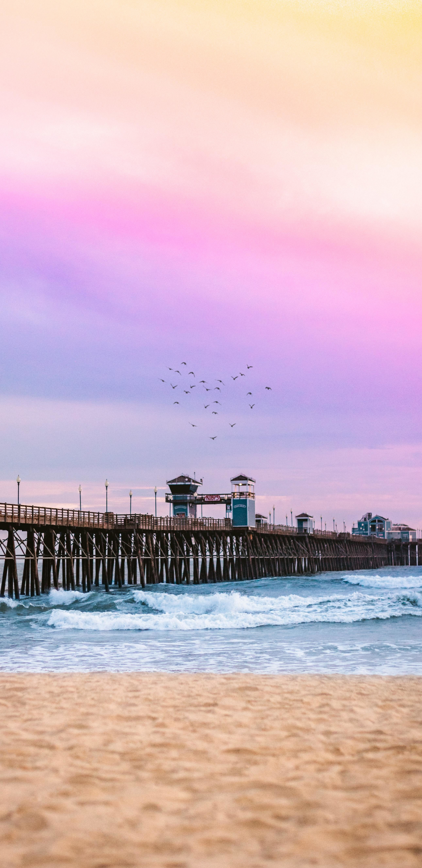 Download wallpaper 1440x2960 pier, calm beach, pink sky, sunset