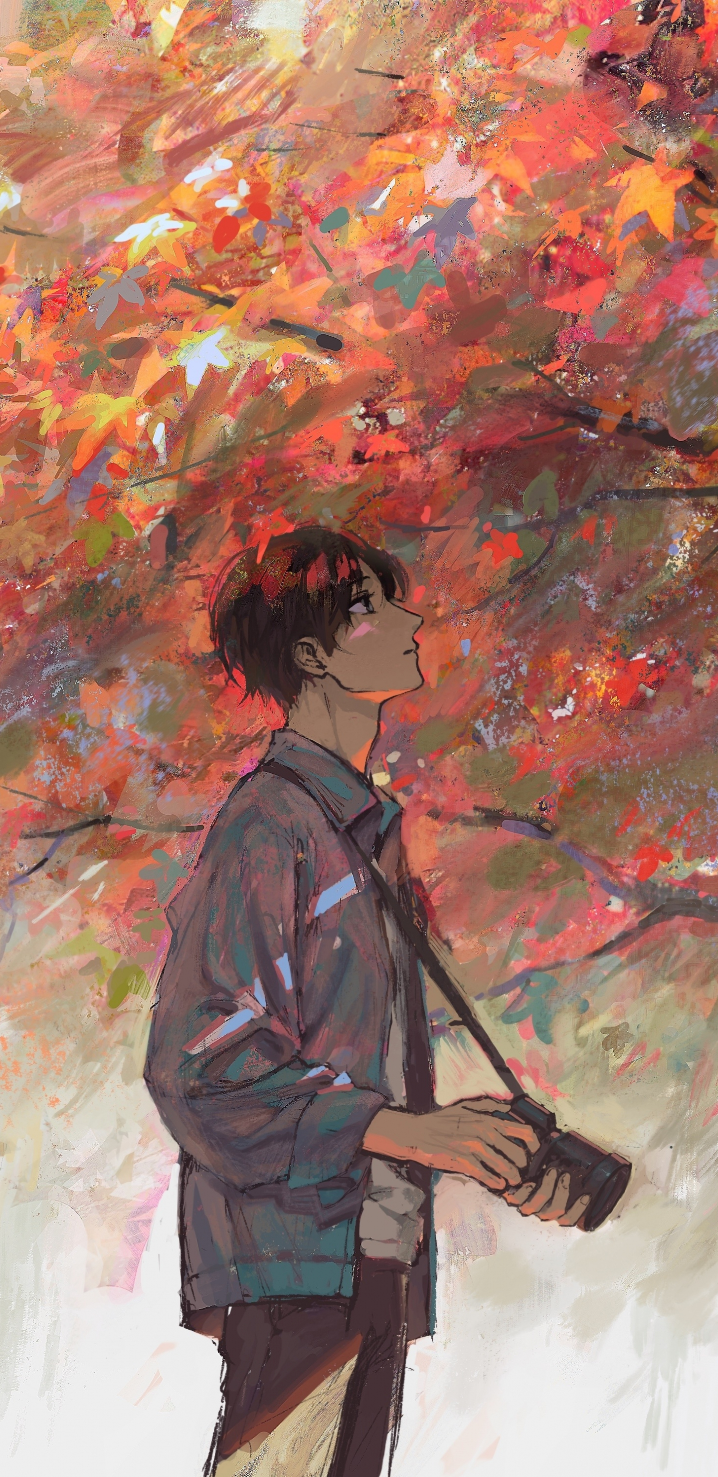 Download 1440x2960 wallpaper anime boy, autumn, tree ...