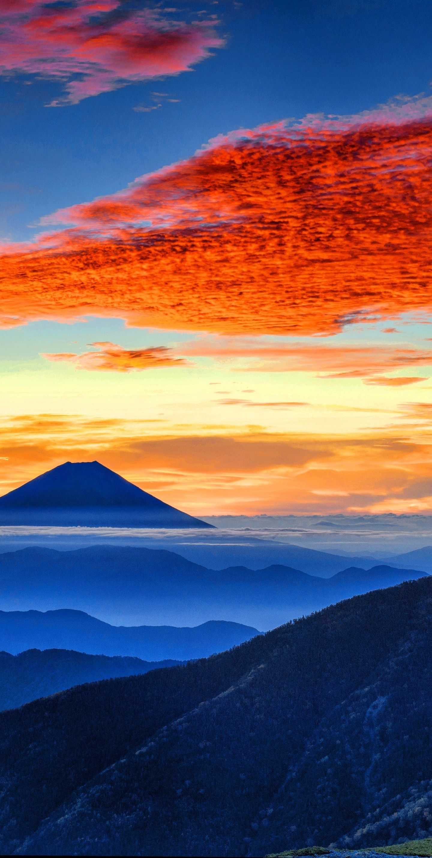 Download wallpaper 1440x2960 mount fuji, clouds, sunset, panaromic