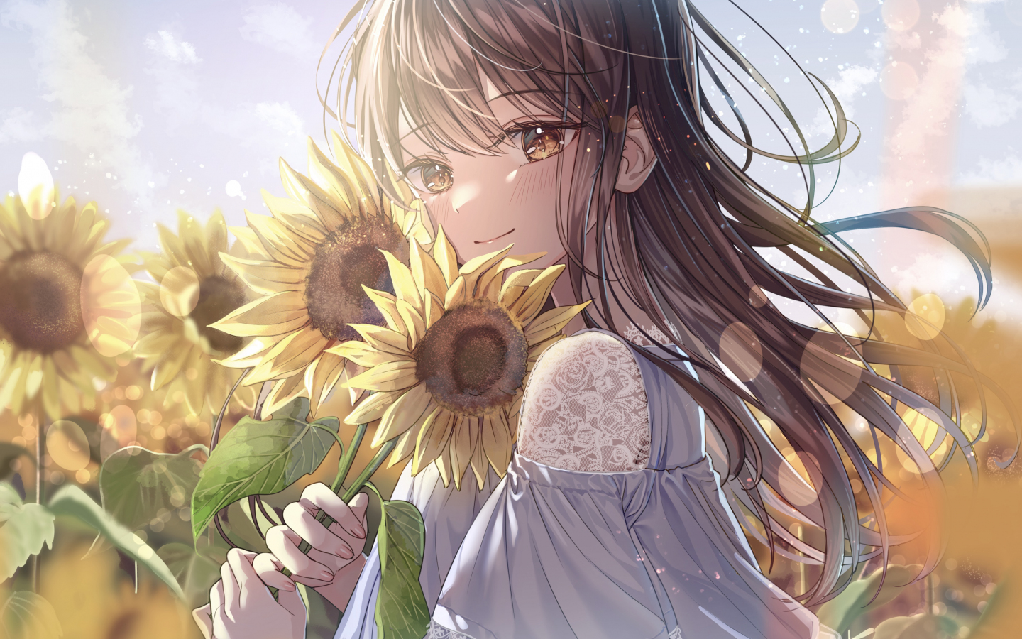 Sunflower and cute girl, anime, 1440x900 wallpaper