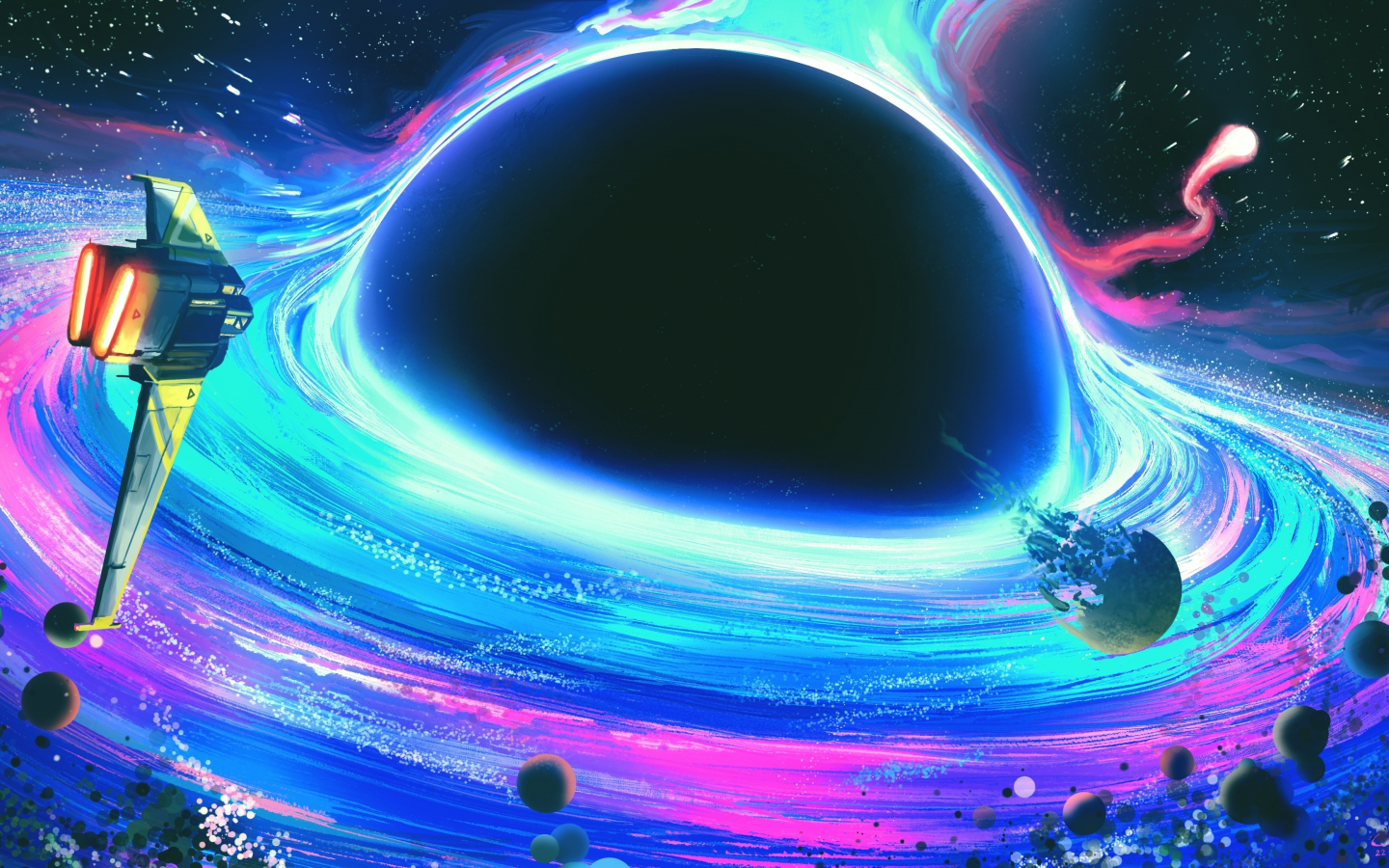 Spaceship move toward black hole, fantasy, art, 1440x900 wallpaper