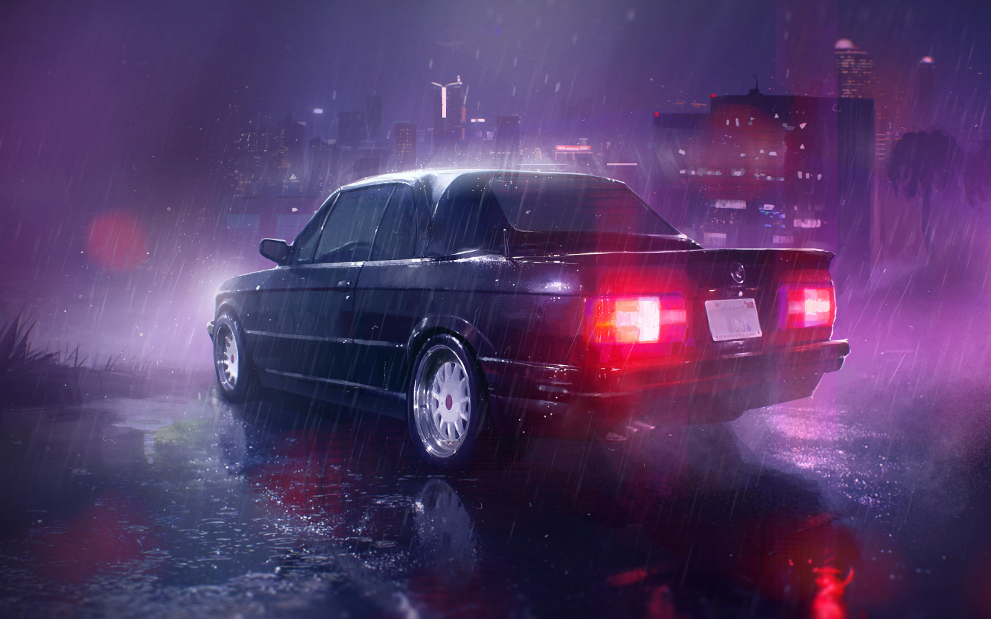 Rain, neon lights, taillight, car, art, 1440x900 wallpaper