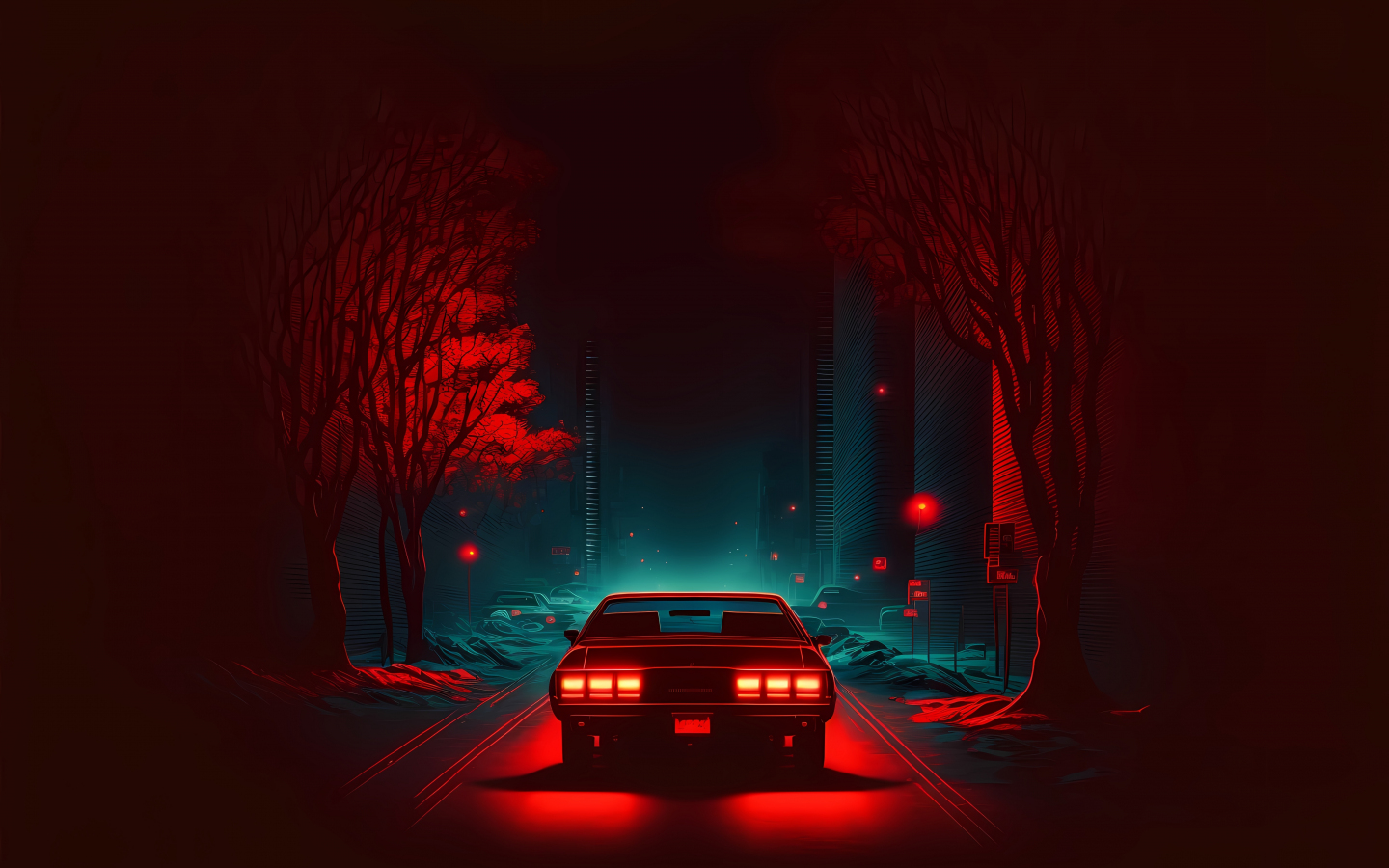 Red car on road, dark and minimal, digital art, 1440x900 wallpaper