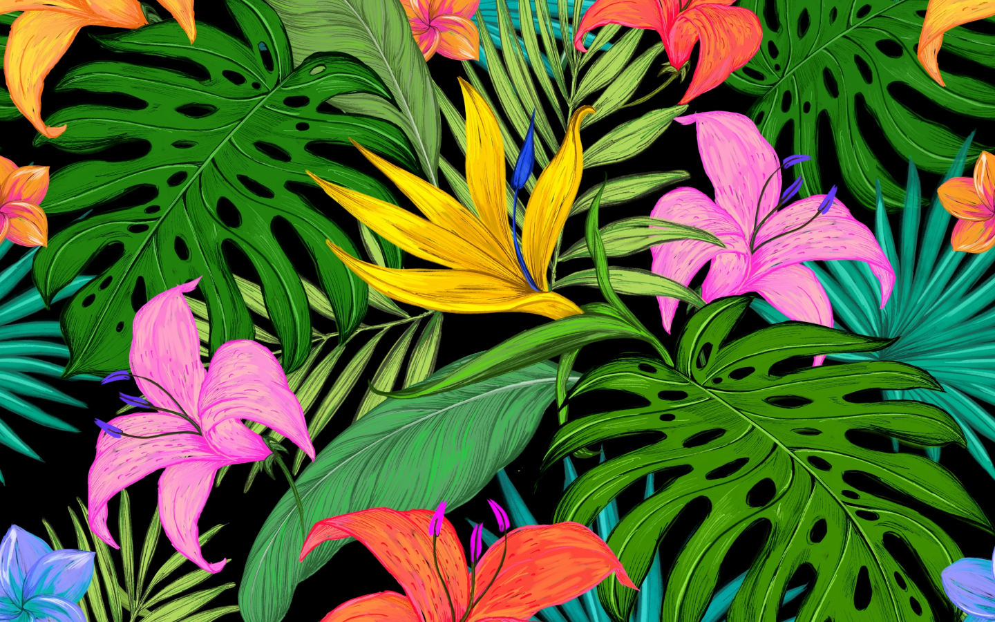 Pattern, tropical, flowers, leaves, 1440x900 wallpaper