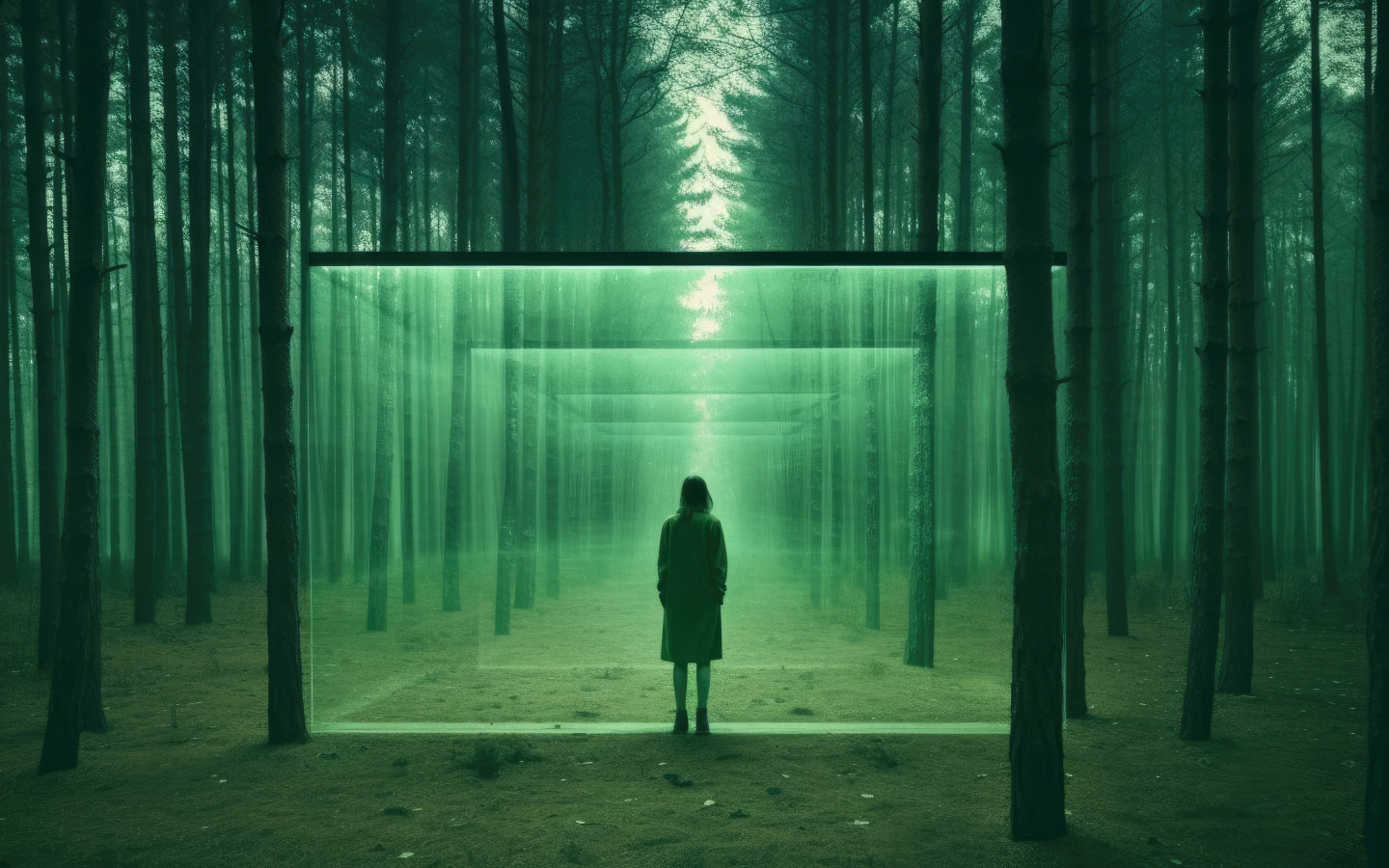 Portal in forest, girl, trees, fantasy, 1440x900 wallpaper