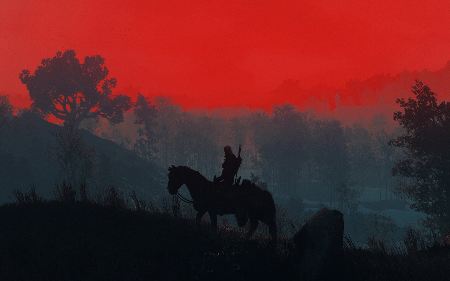 The Witcher 3, Geralt, sunset, silhouette, 1440x900 wallpaper