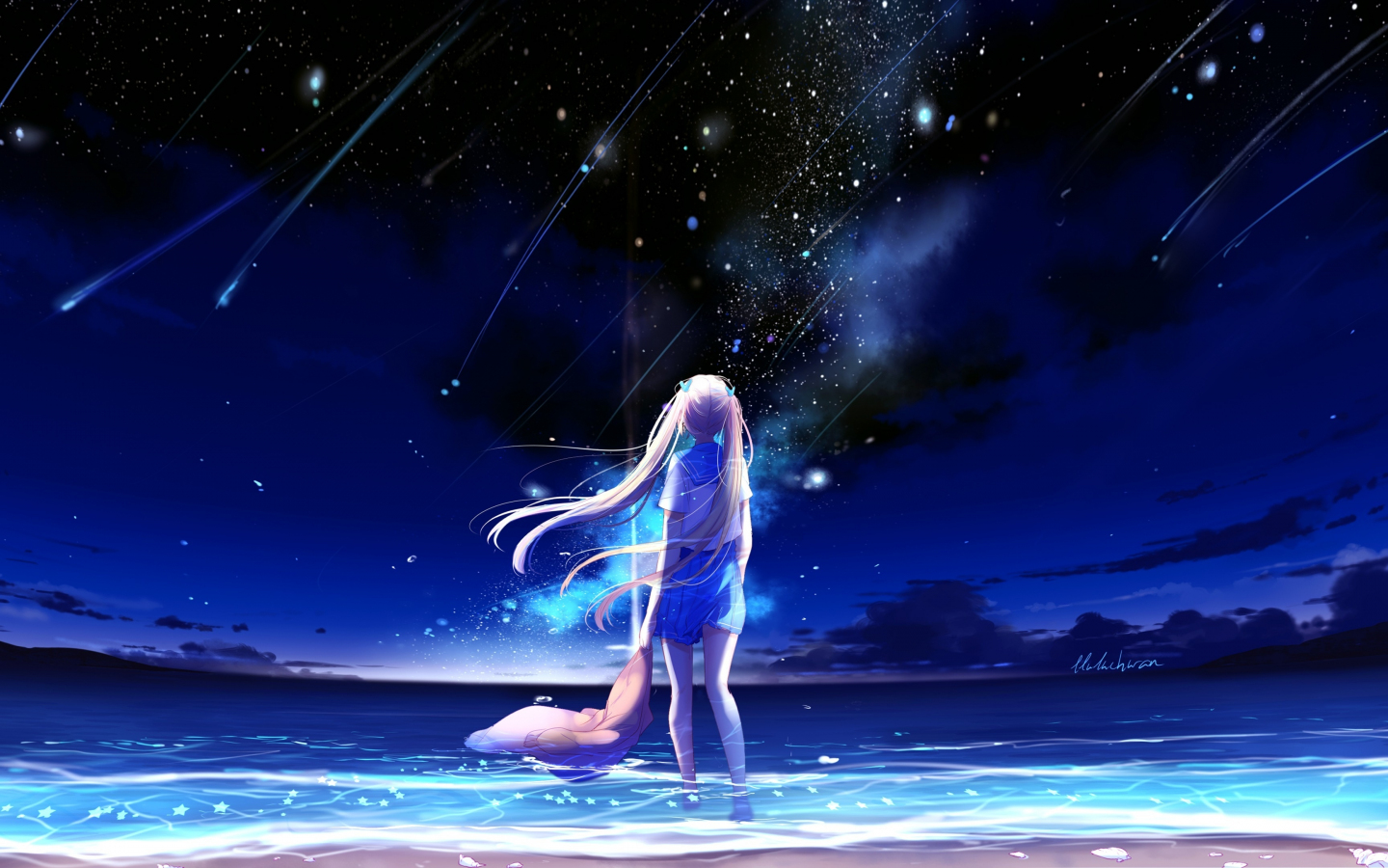 Download wallpaper 1440x900 anime girl, outdoor, night, starfall, 1440x900  widescreen 16:10 hd background, 5622