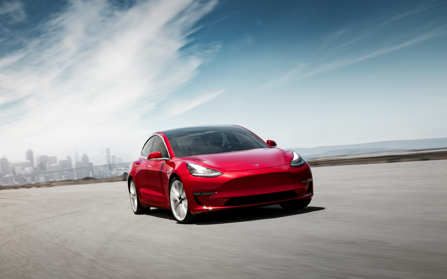 Download Wallpaper 1440x900 Tesla Model 3 On Road Red 1440x900 Widescreen 1610 Hd Background