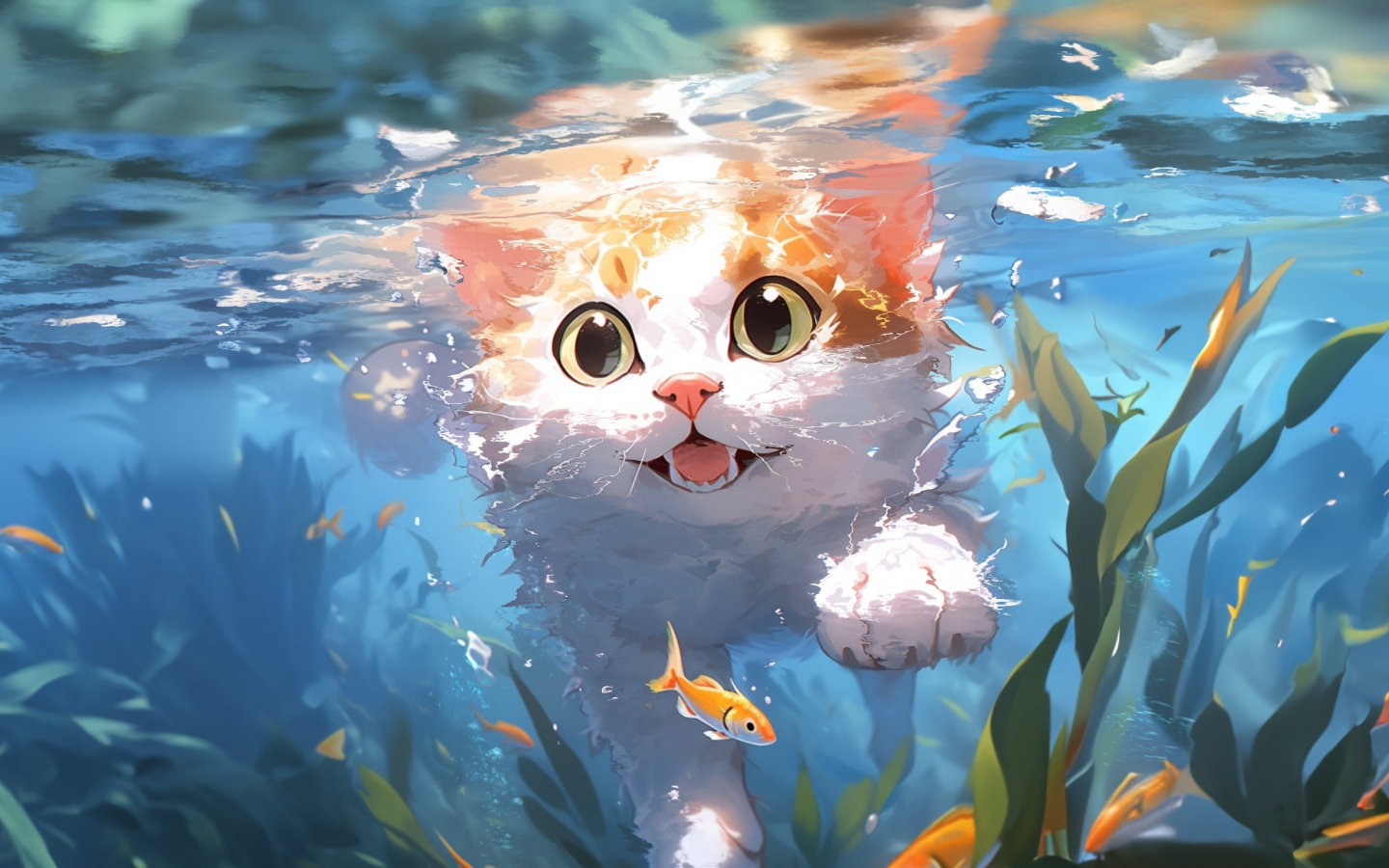 Cute kitten, swim underwater, art, 1440x900 wallpaper