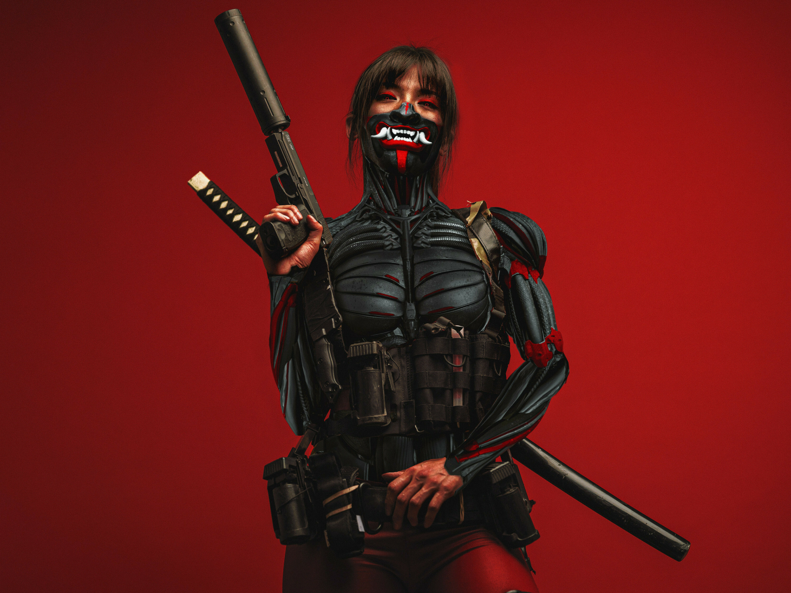 Cyberpunk ninja, with katana & gun, art, 1600x1200 wallpaper
