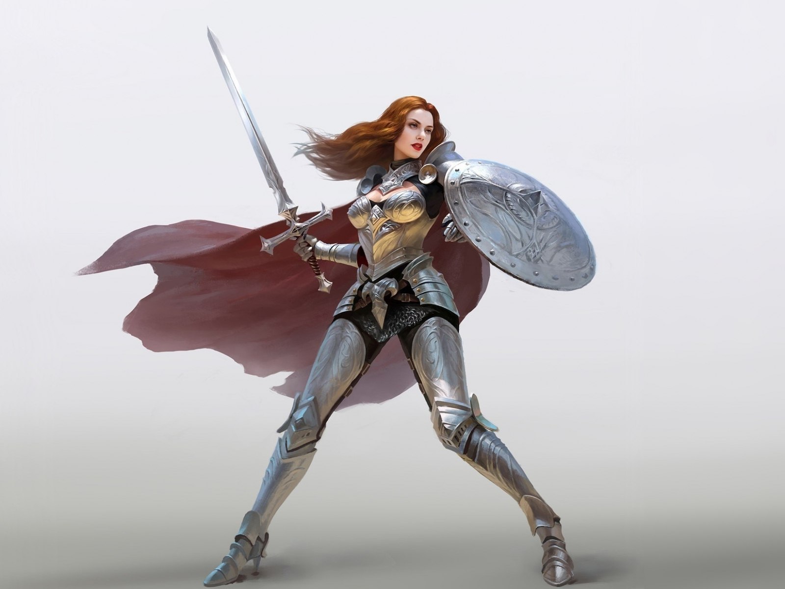 Download 1600x1200 wallpaper fantasy, woman with sword and shield