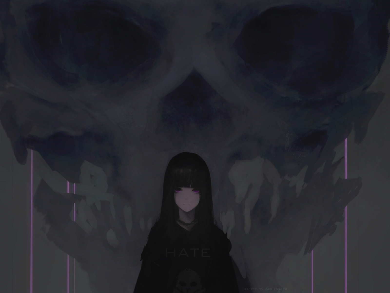 Download 1600x1200 Wallpaper Anime Girl Purple Eyes Dark Skull