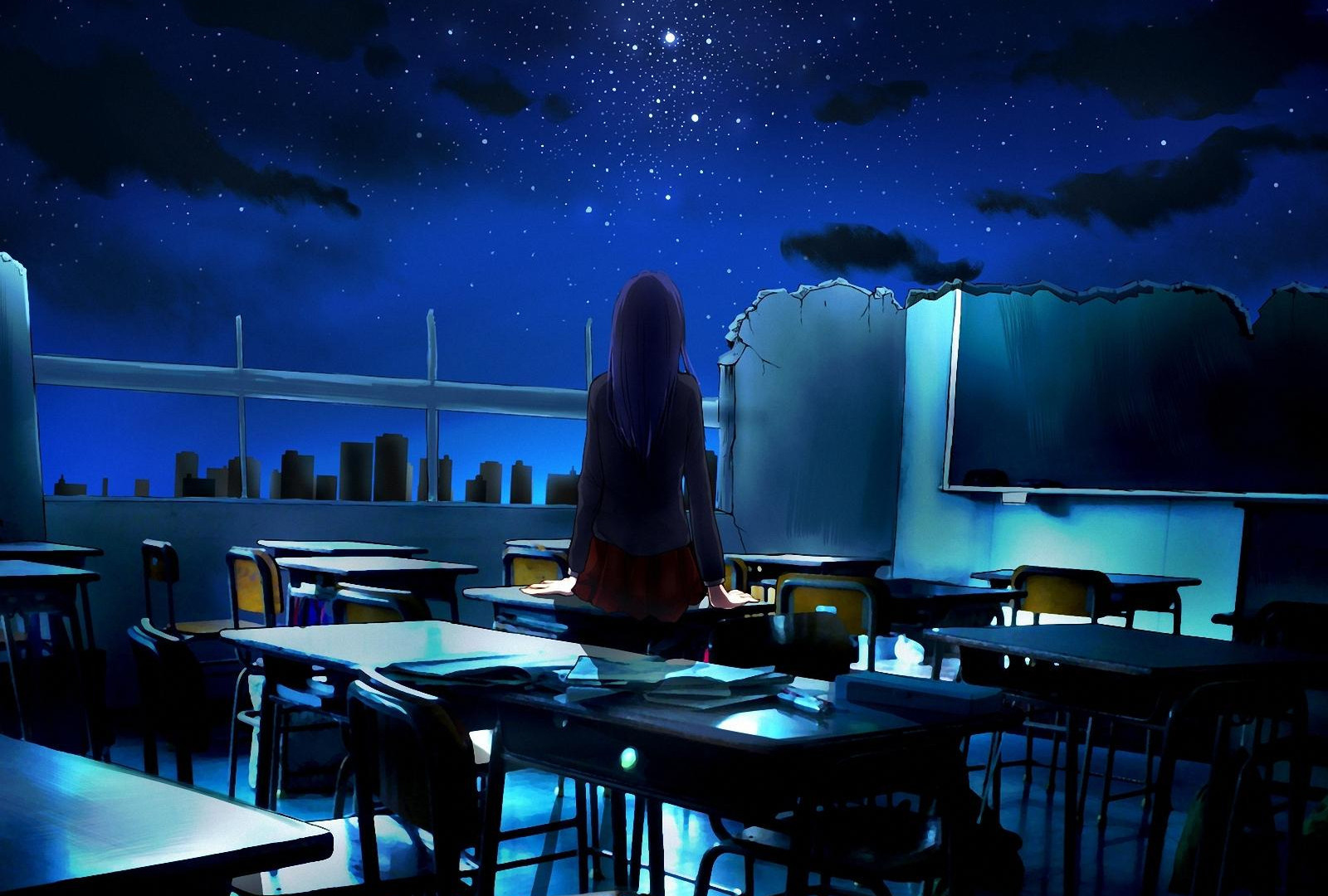 Download wallpaper 1600x1200 open, classroom, anime girl, night, original,  standard 4:3 fullscreen 1600x1200 hd background, 8801