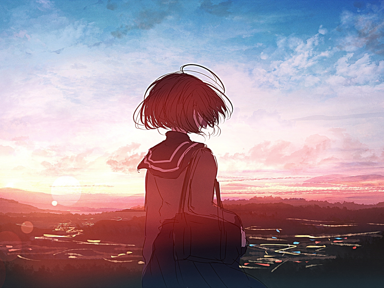 Download wallpaper 1600x1200 anime girl, sunset, outdoor, art, standard ...