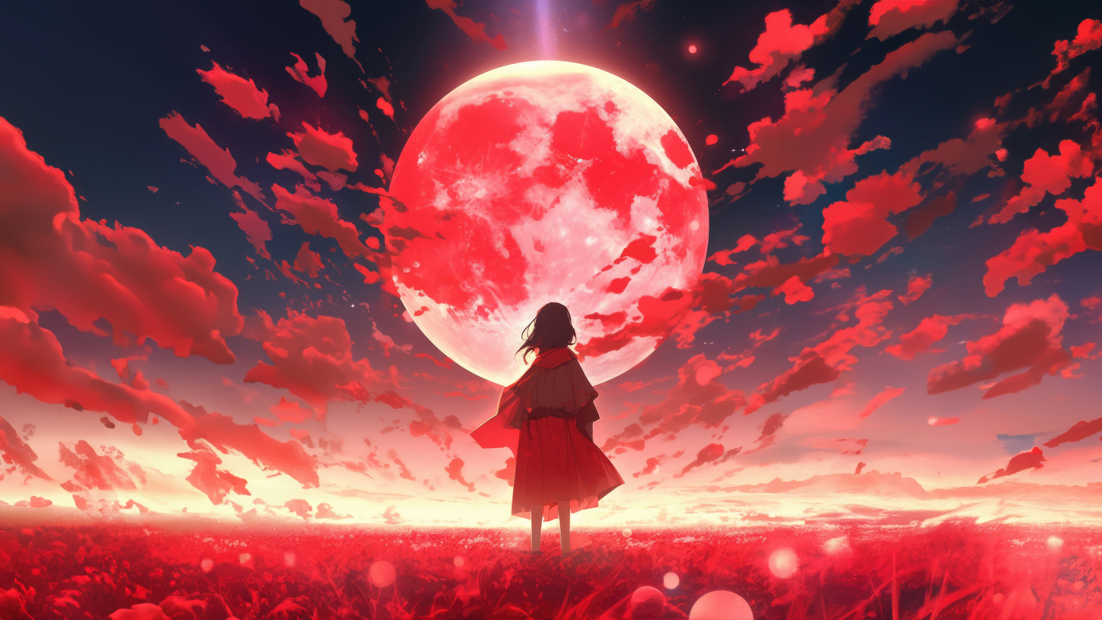 A world full of red, moon, anime, 1600x900 wallpaper