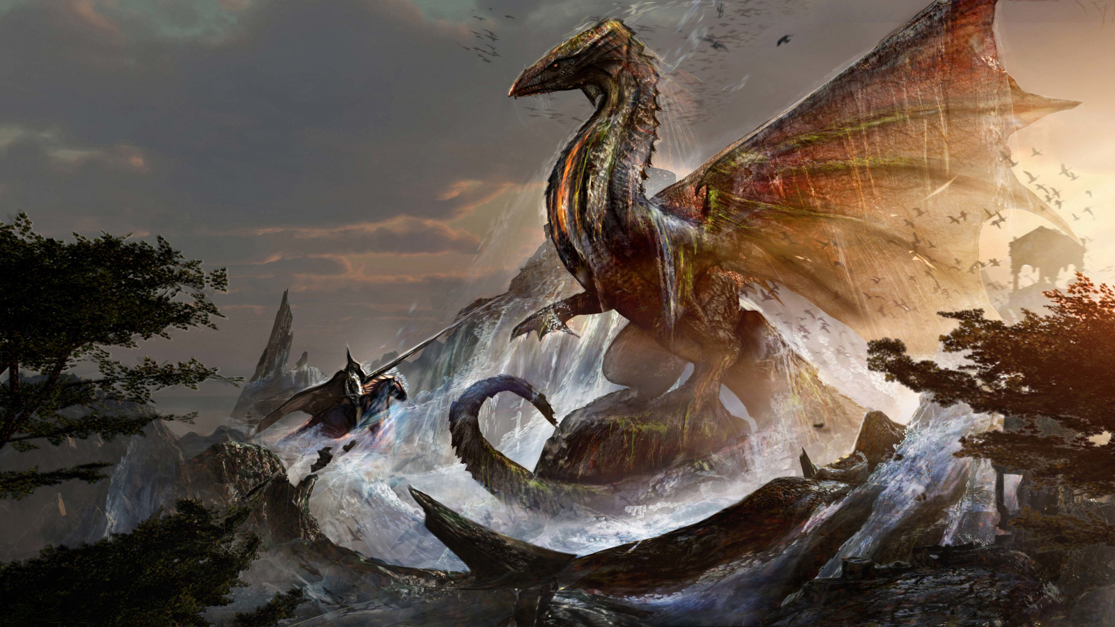 Download wallpaper 1600x900 warrior and dragon, fantasy, 16:9 ...