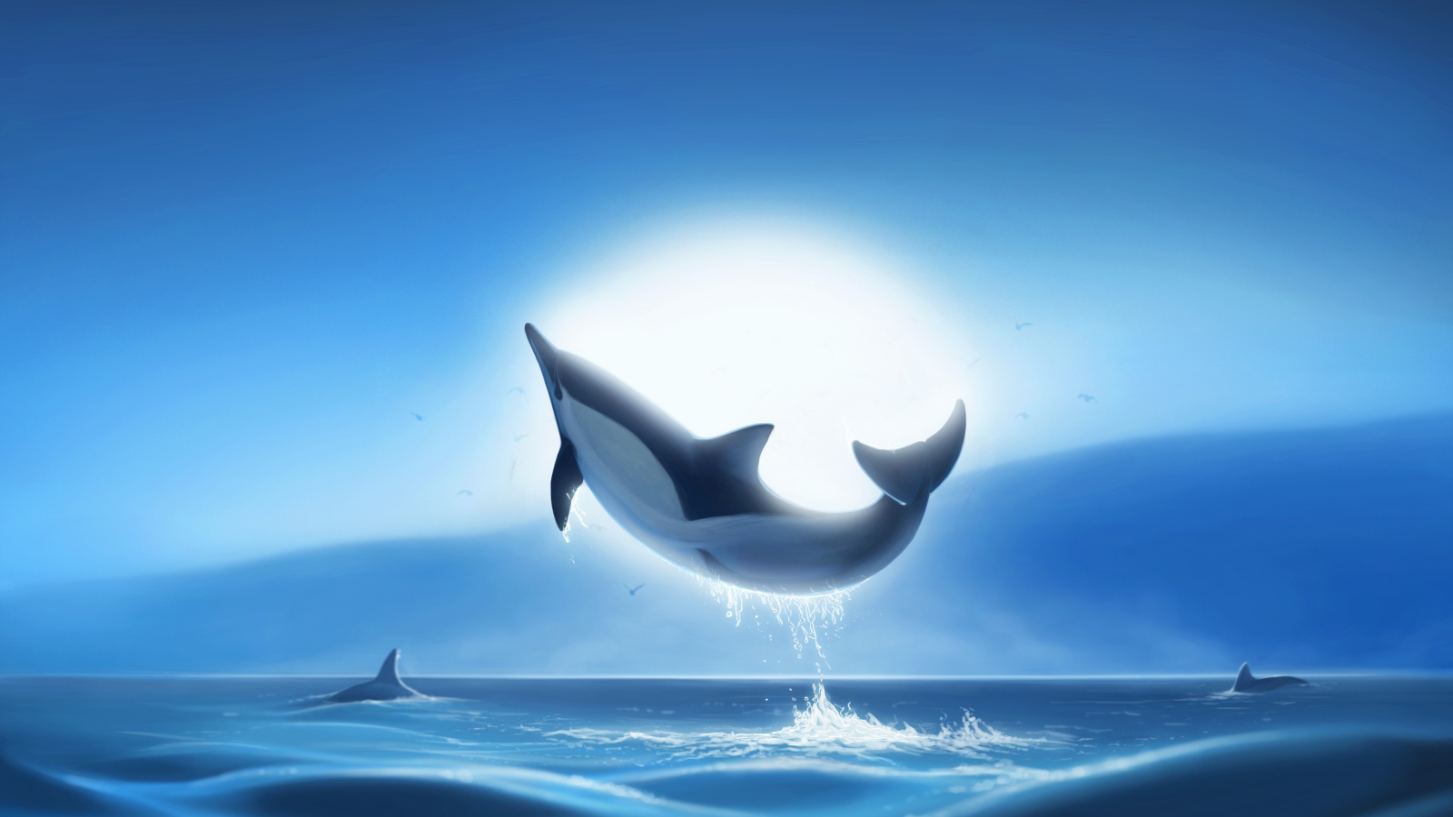 Download wallpaper 1600x900 whale fish, jump, sea and moon, silhouette ...
