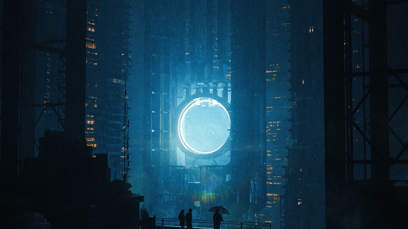 Tall buildings, glowing portal, cyberpunk, 1600x900 wallpaper