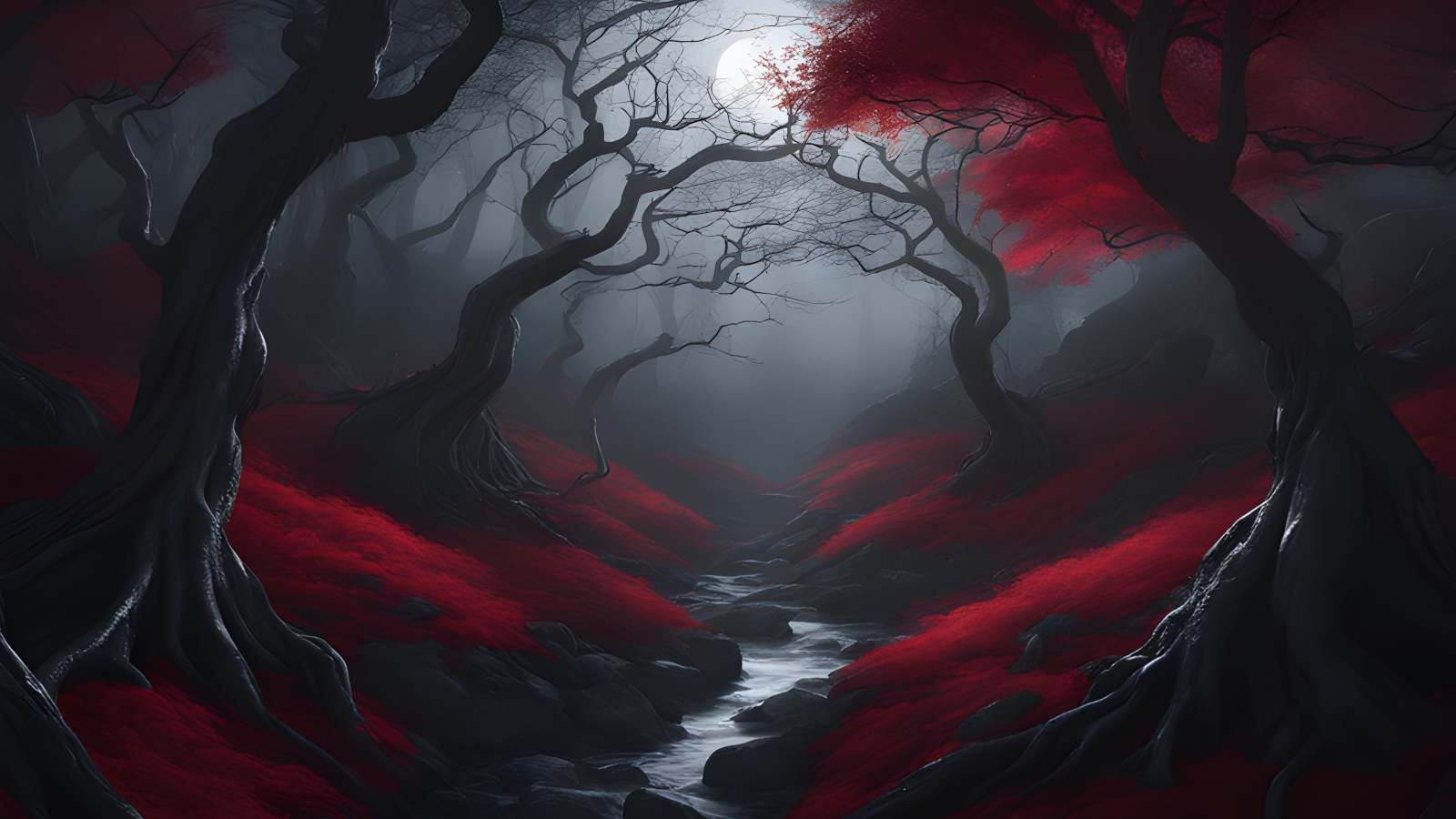 Dark forest, night with full moon, mystic world, 1600x900 wallpaper