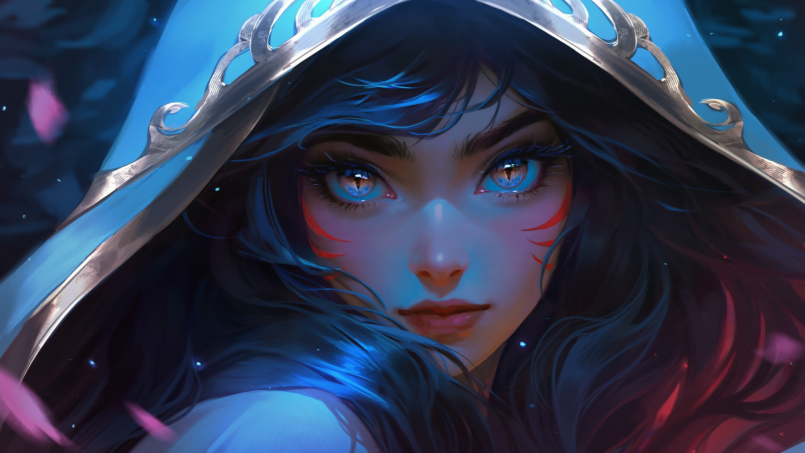 Glowing eyes of cute girl, in hood, 2023, 1600x900 wallpaper