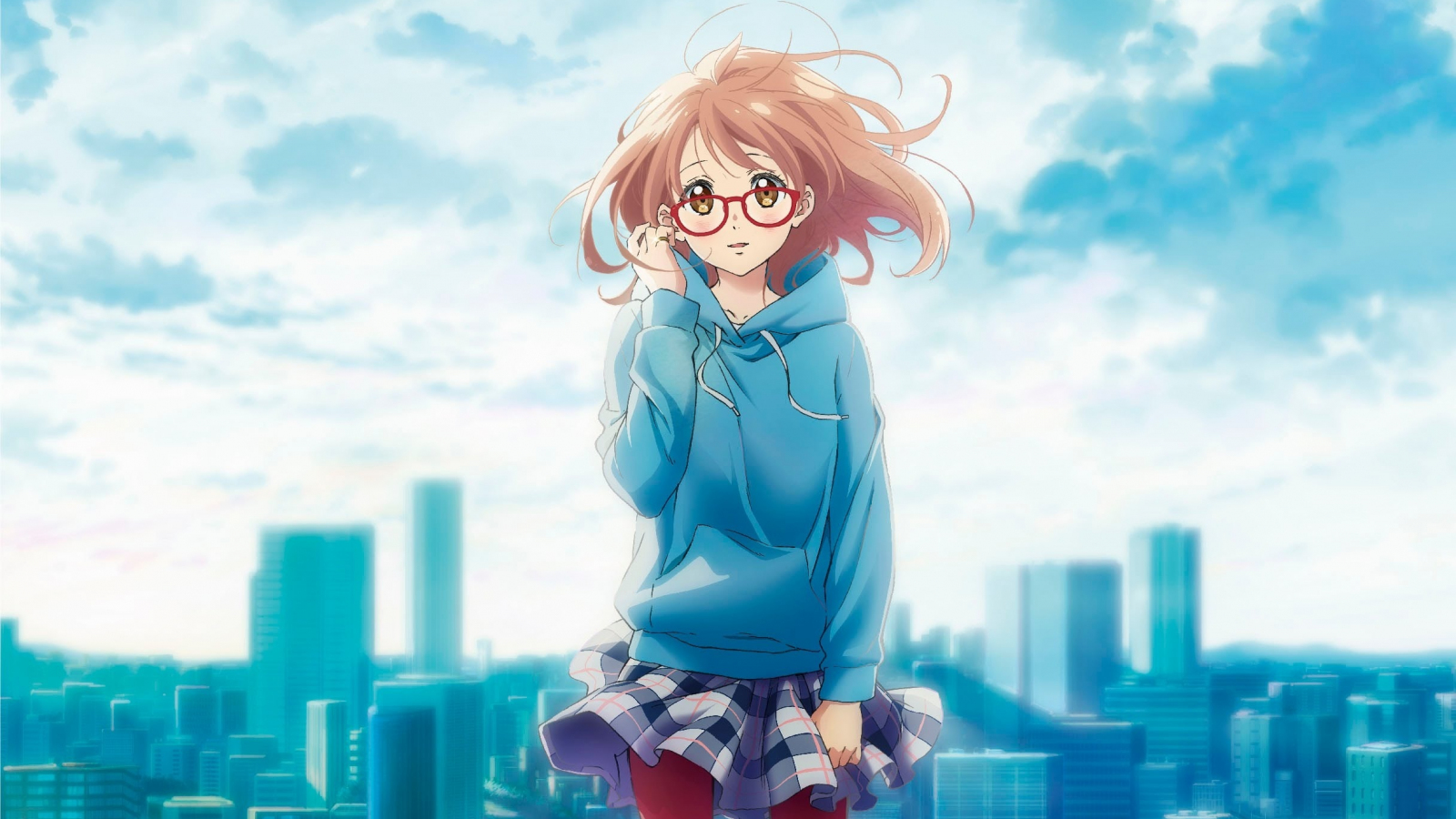 Cute anime girl, glasses, Mirai Kuriyama, Kyoukai no Kanata, 1600x900 wallpaper