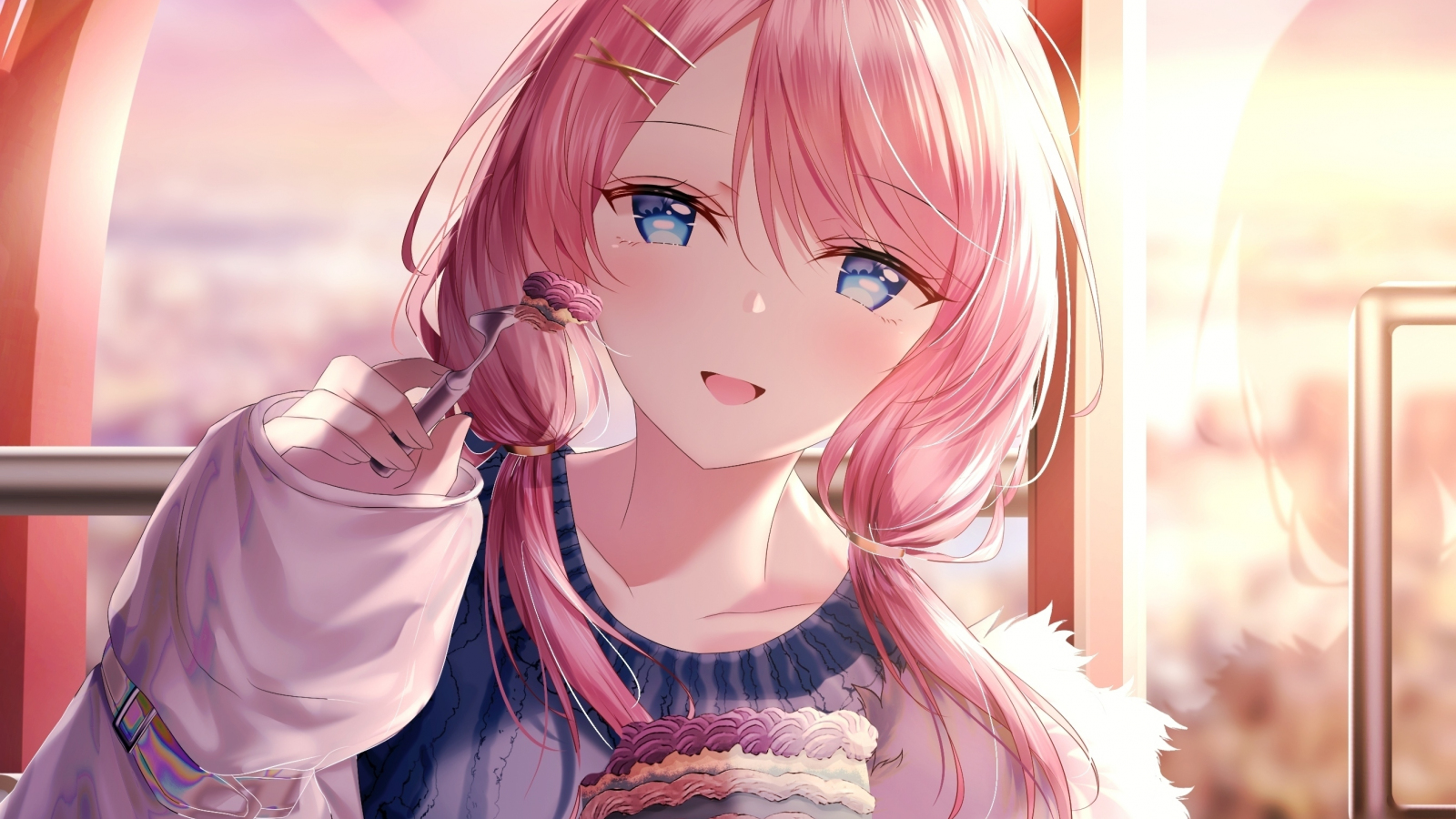 Download wallpaper 1600x900 cute, anime girl, beautiful, eating cake, 16:9  widescreen 1600x900 hd background, 23915