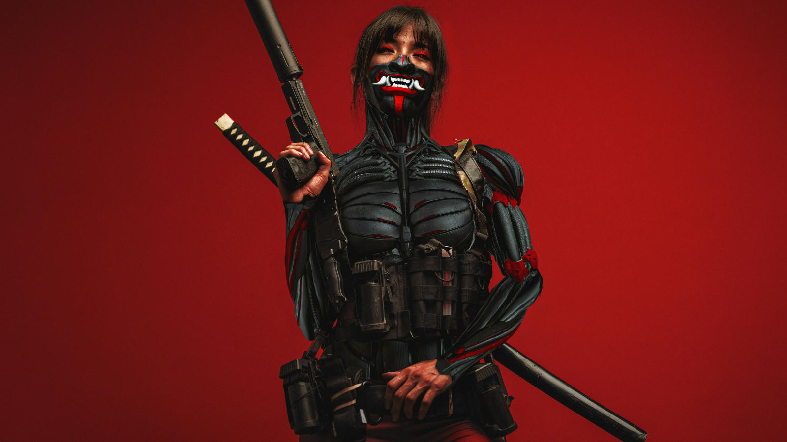Cyberpunk ninja, with katana & gun, art, 1600x900 wallpaper