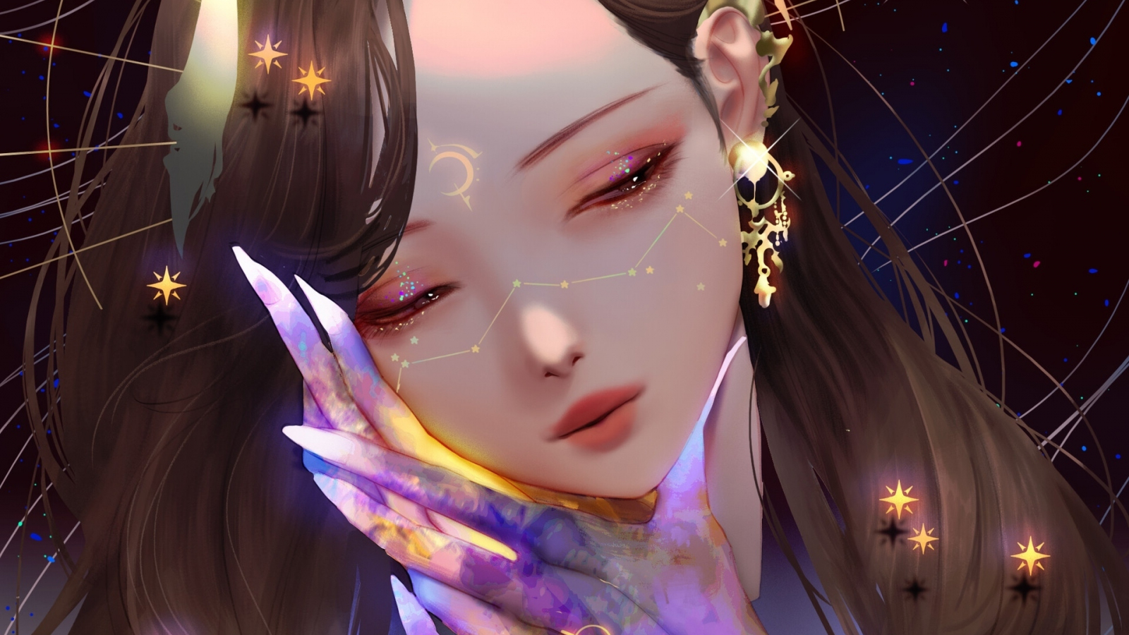 Cute girl's face, colorful hands, fantasy, art, 1600x900 wallpaper