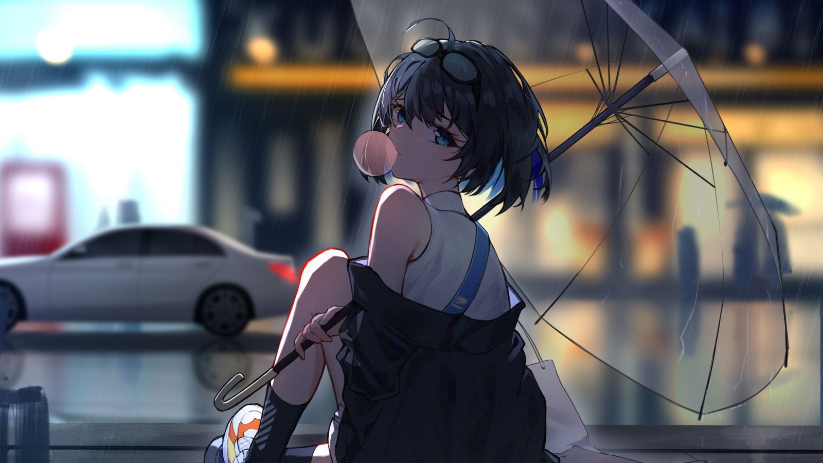 Download wallpaper 1600x900 enjoying rain, anime girl, 16:9 widescreen  1600x900 hd background, 25093