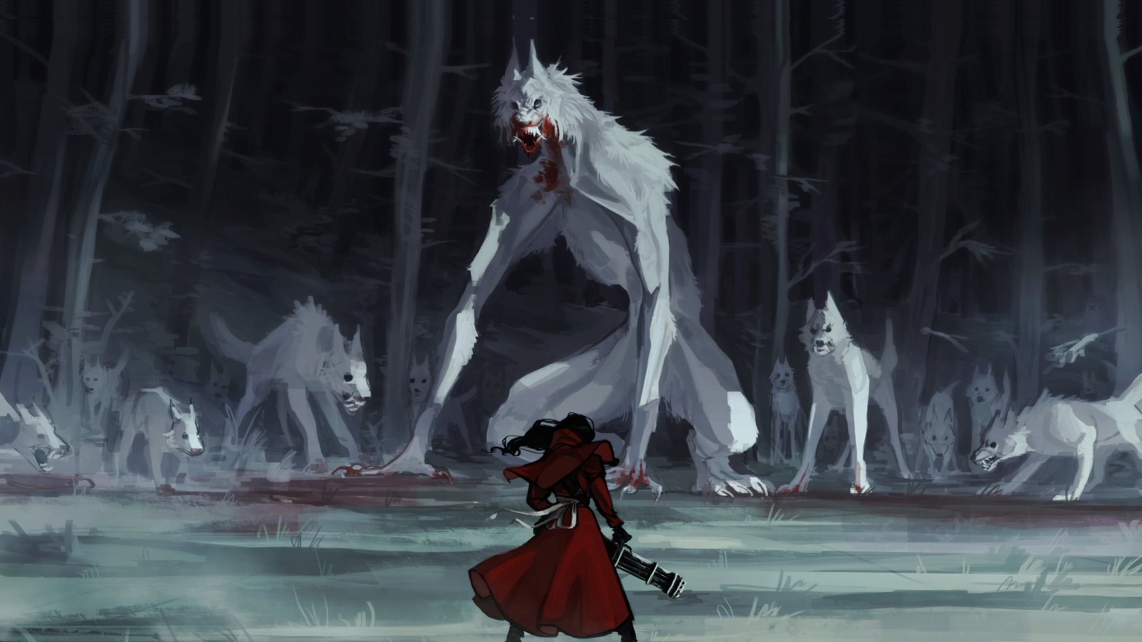 Red riding hood, wolf, fantasy, art, 1600x900 wallpaper